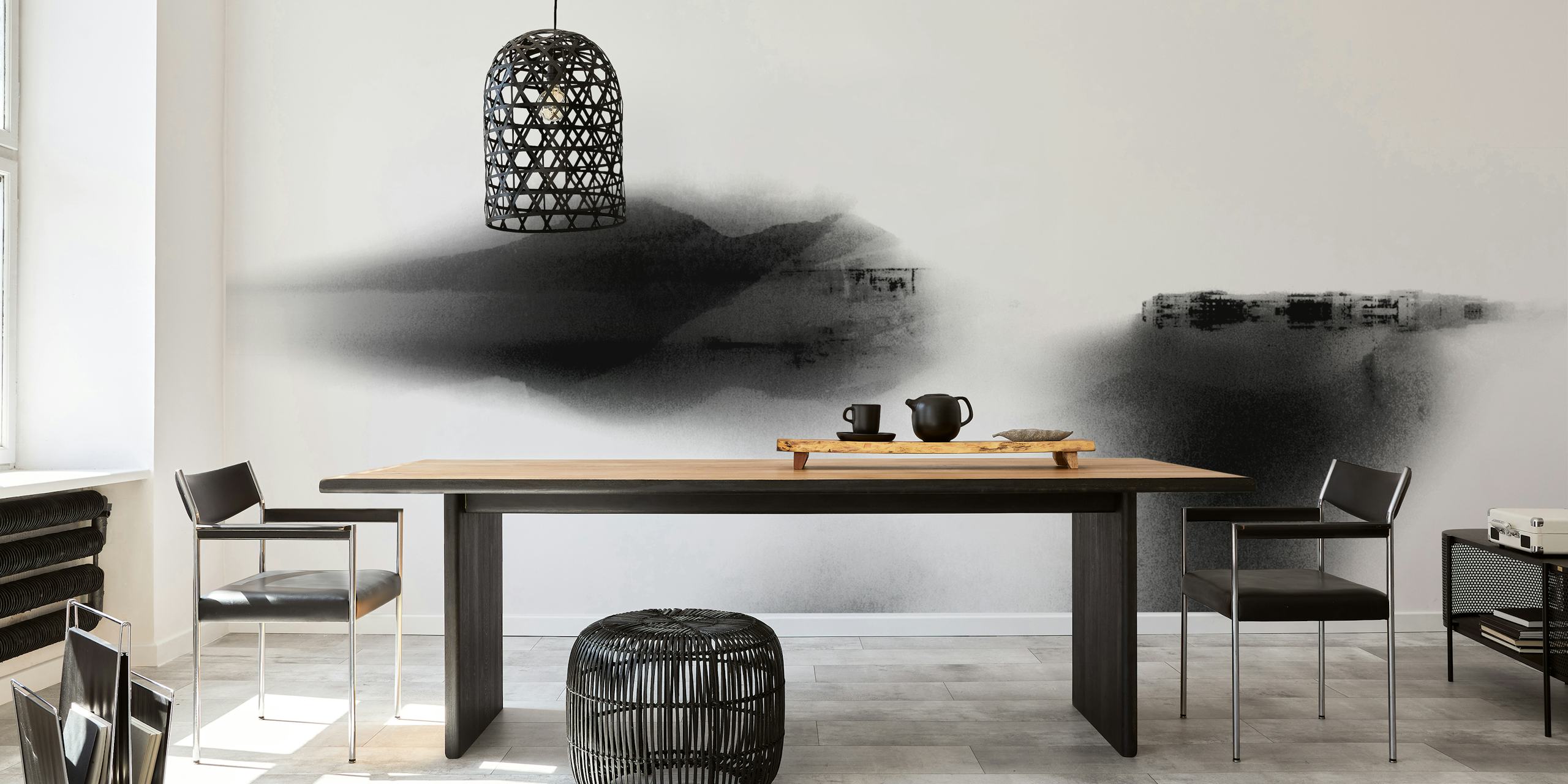 Papel de parede Japandi Black White em um quarto