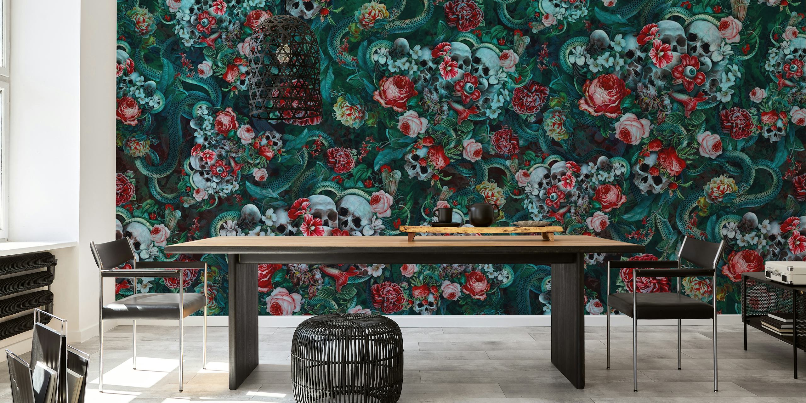 Dark floral wallpaper with skulls, red roses, and green foliage