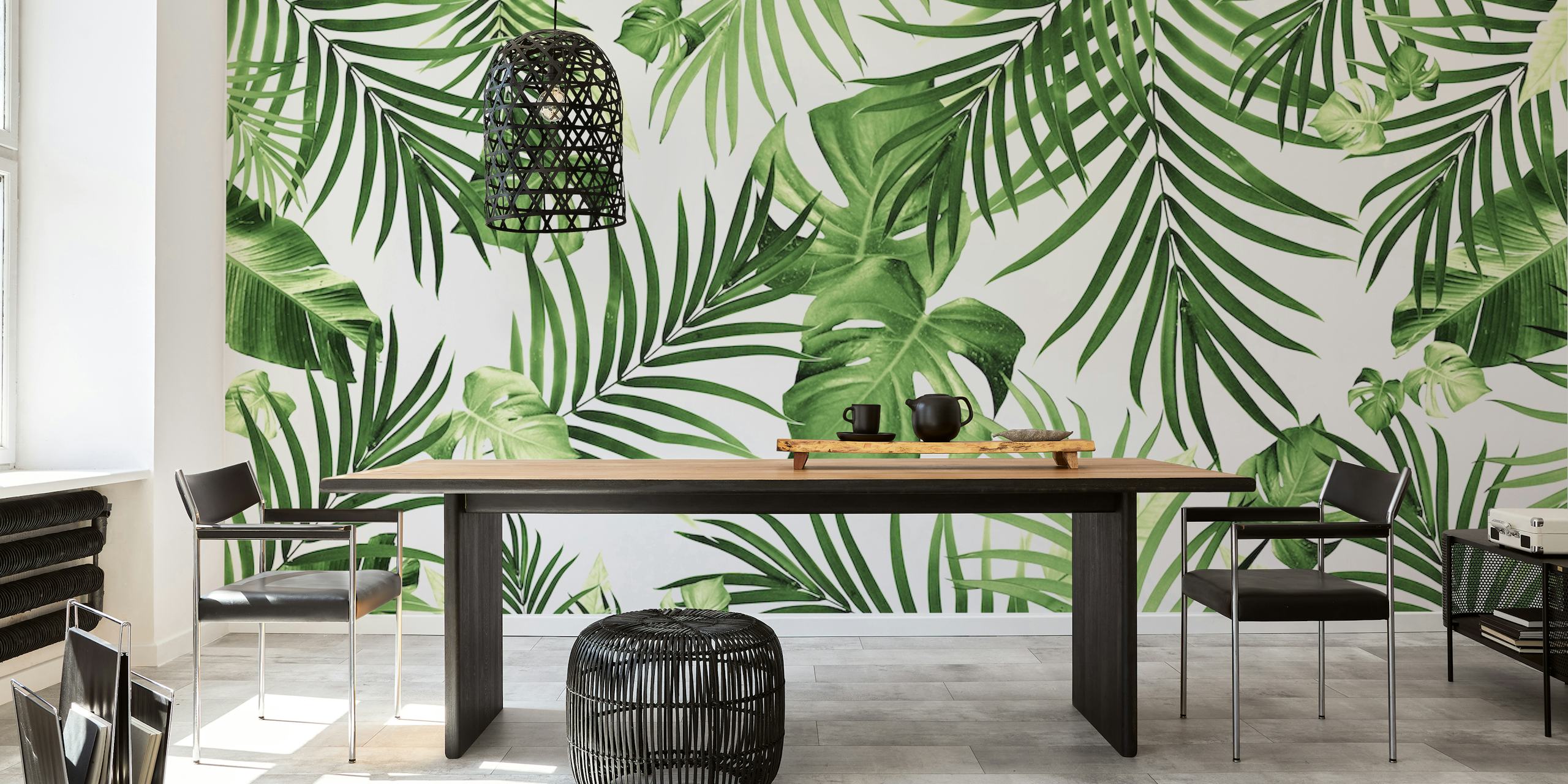 Papier peint mural de feuilles de jungle tropicale avec différentes nuances de feuillage vert