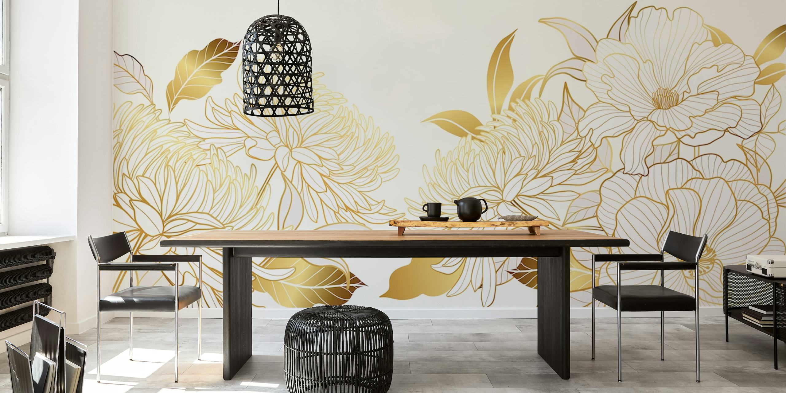 Elegantes goldenes und cremefarbenes Fototapetendesign mit Blumenmotiv