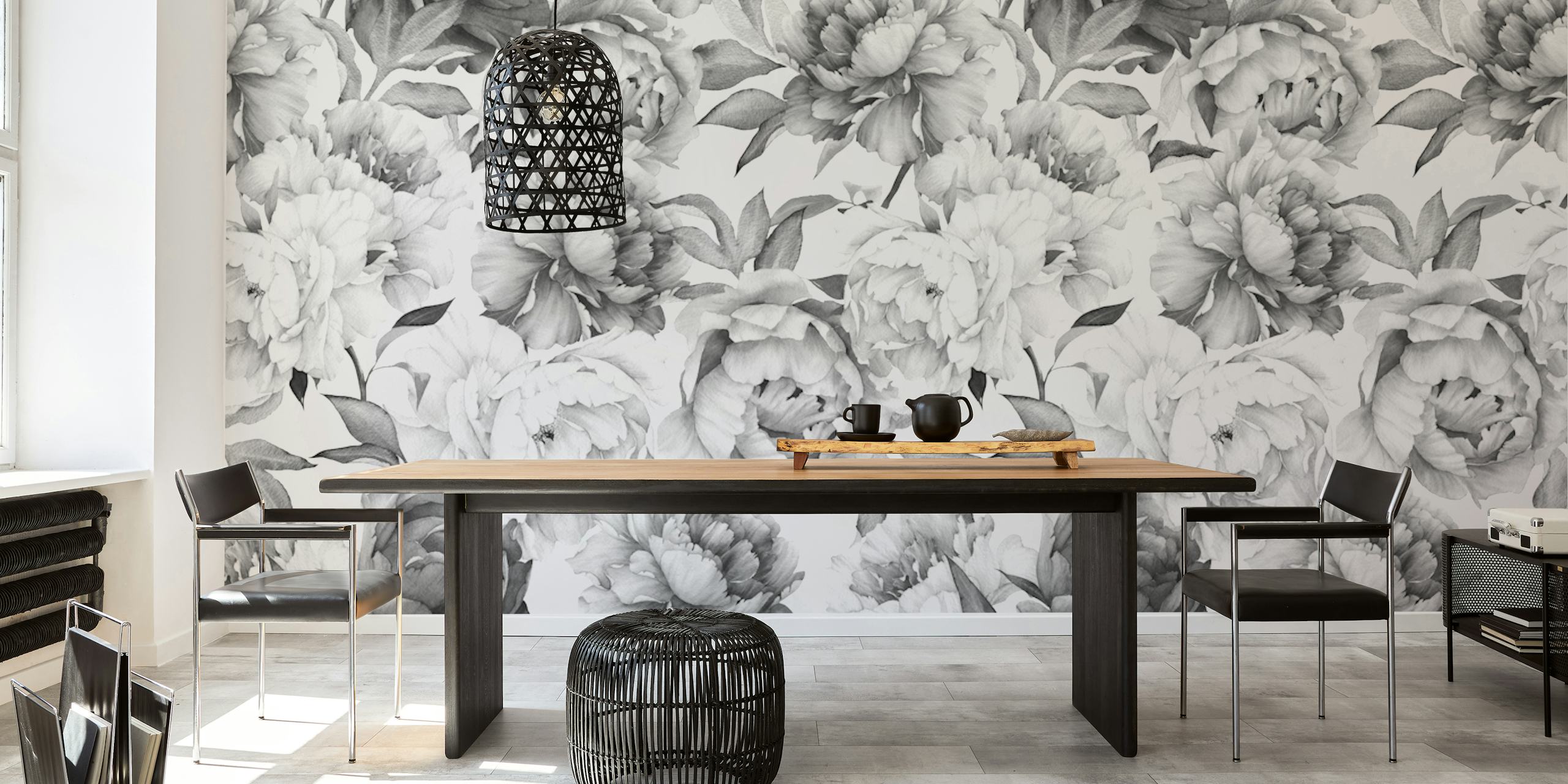 Peony flower designs in black and white wallpaper