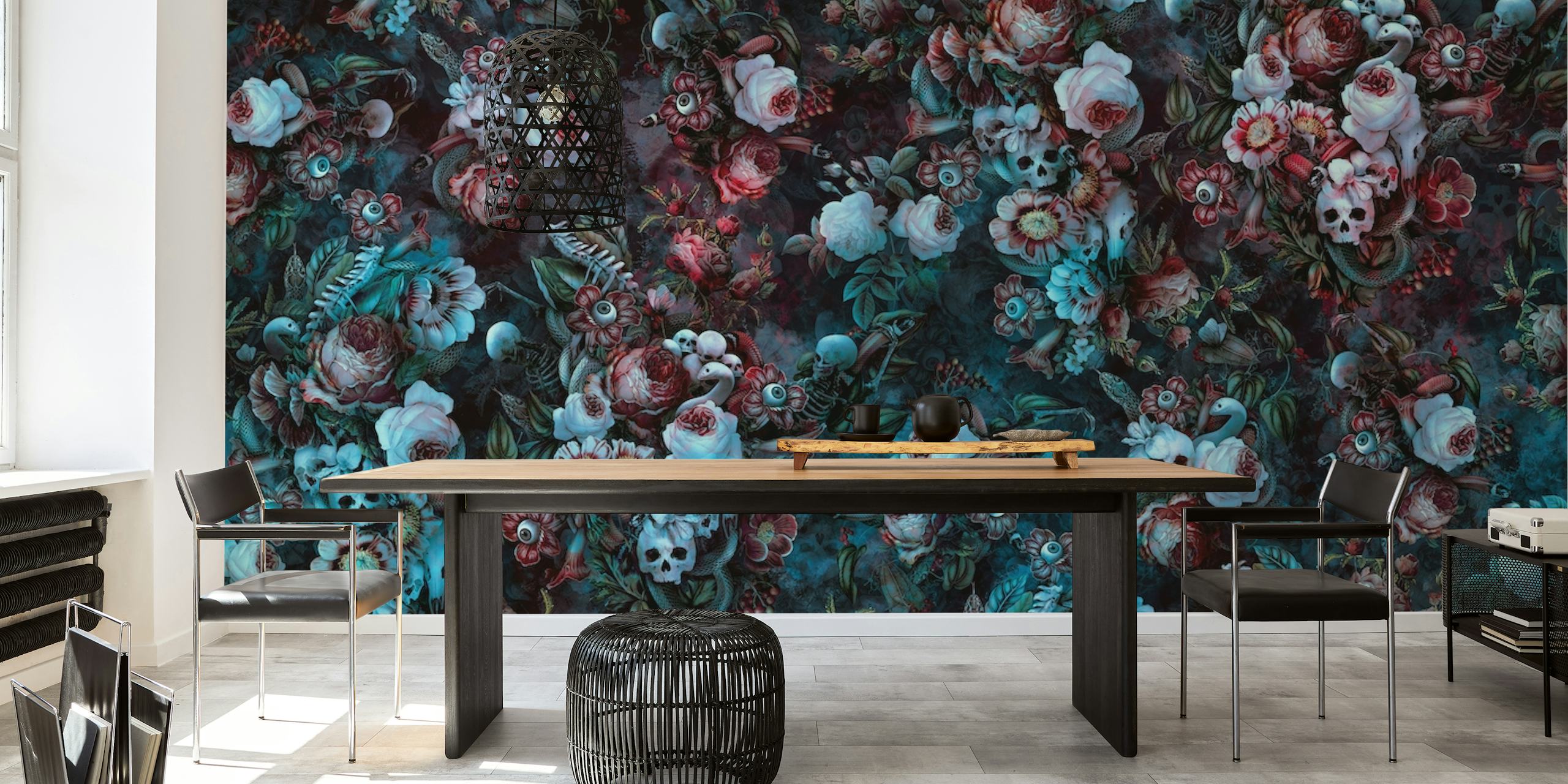 Mysterious floral pattern with watchful eyes embedded in darkness for wall mural