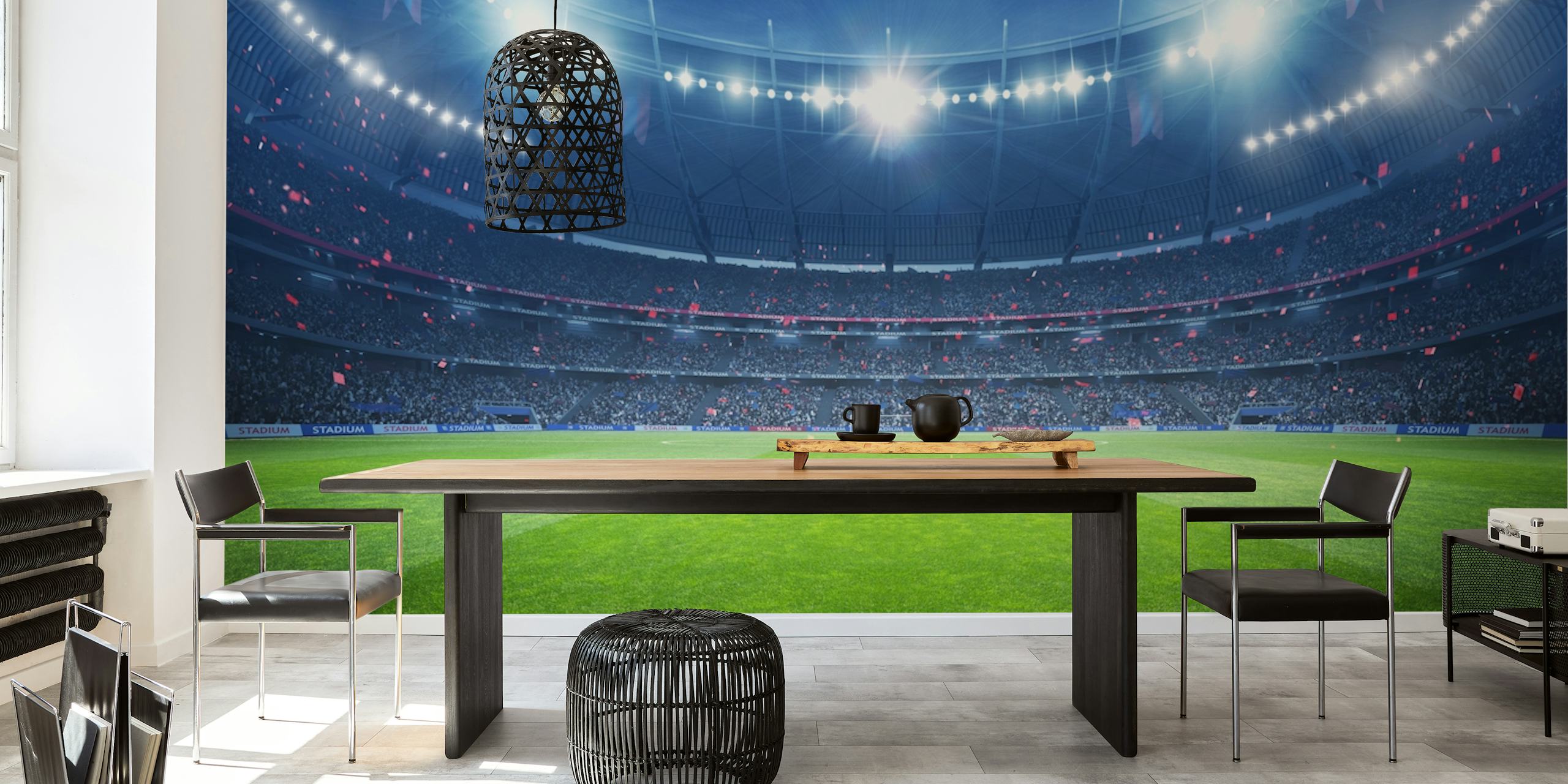 Football stadium grass field illuminated at night wallpaper