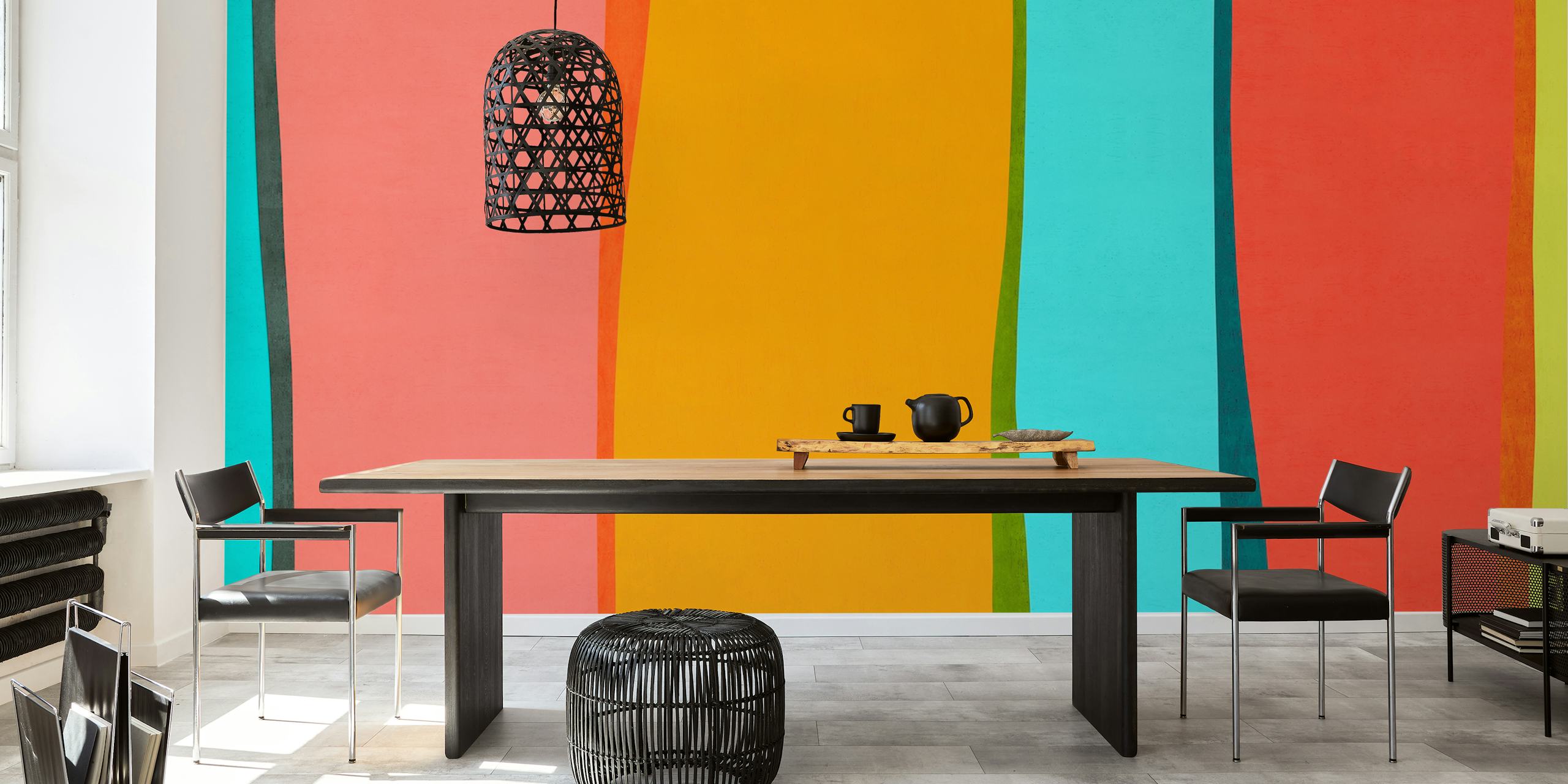 Abstract colorful wall mural with wide strokes of blue, pink, orange, and yellow