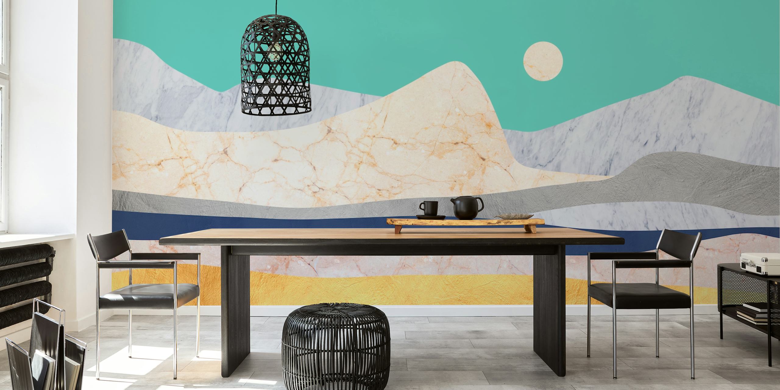 Landscape collage wallpaper in a modern room