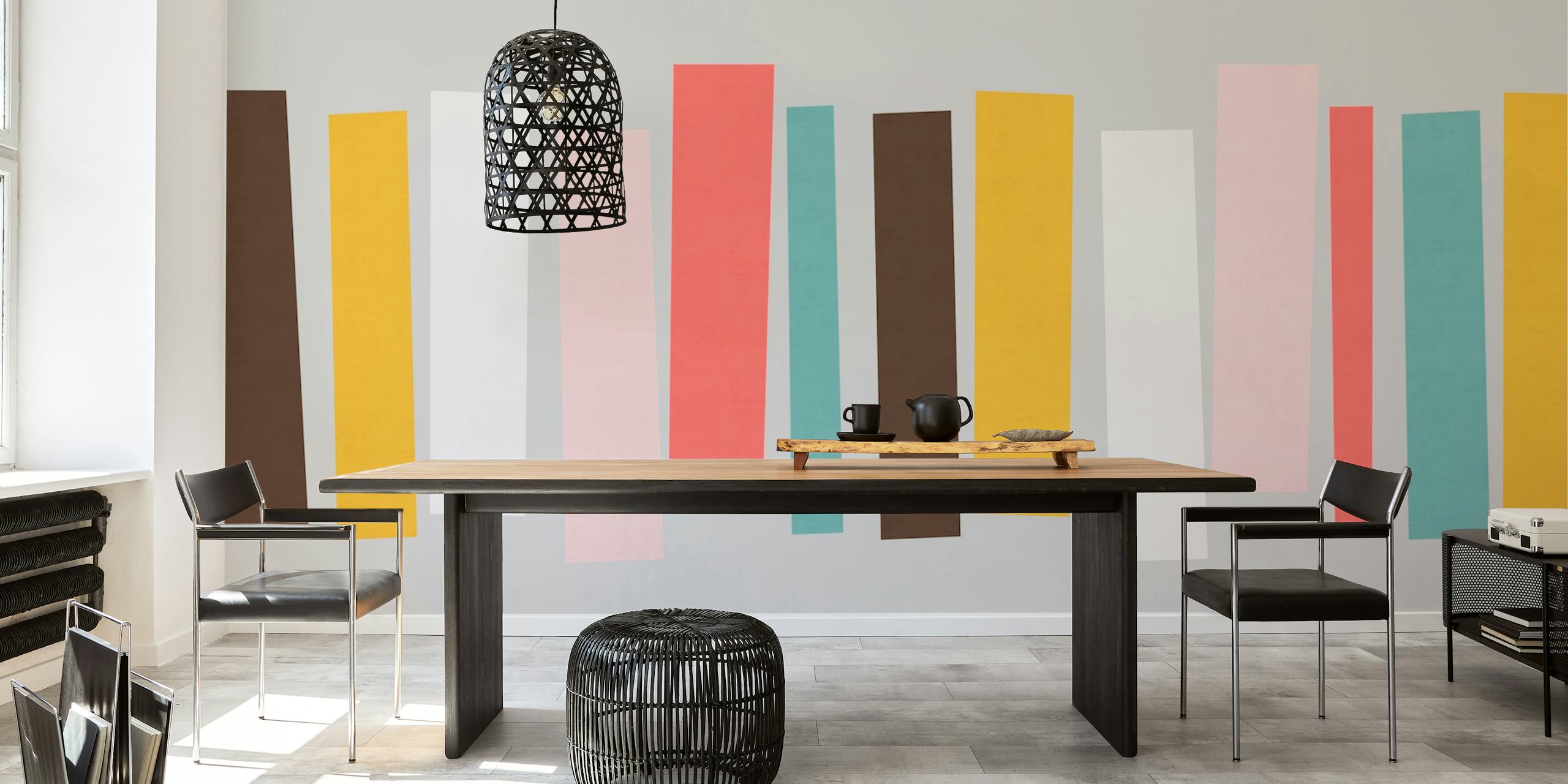 Colorful geometric striped wallpaper in brown, pink, red, and teal