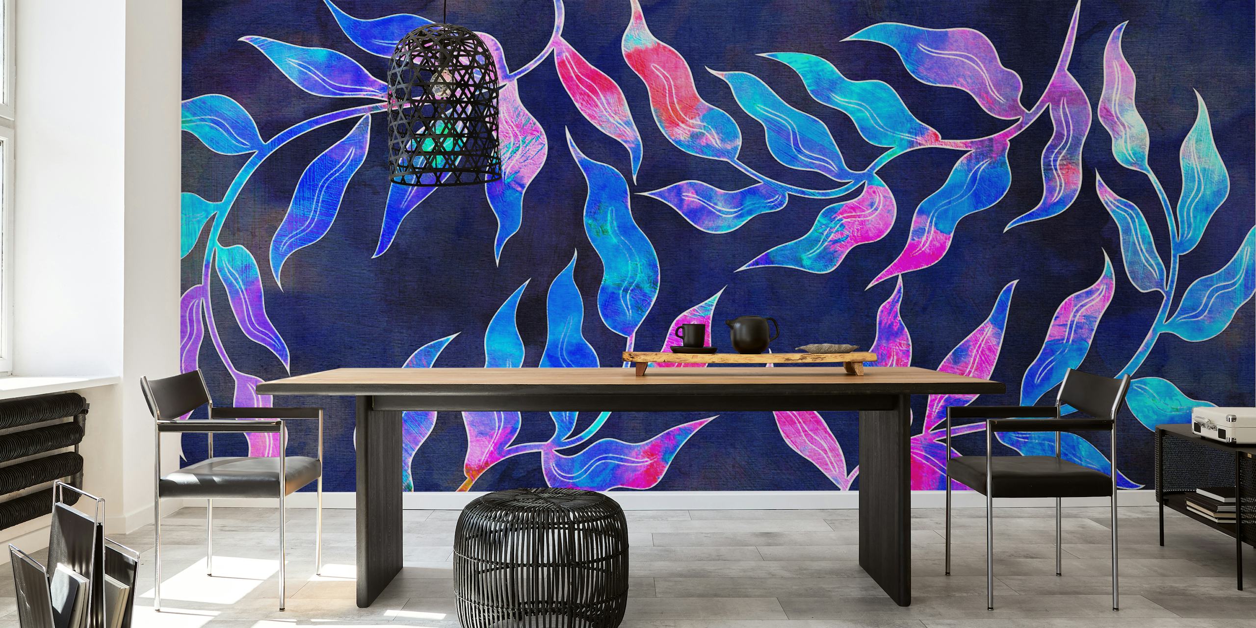 Colorful tropical leaves on dark background wallpaper