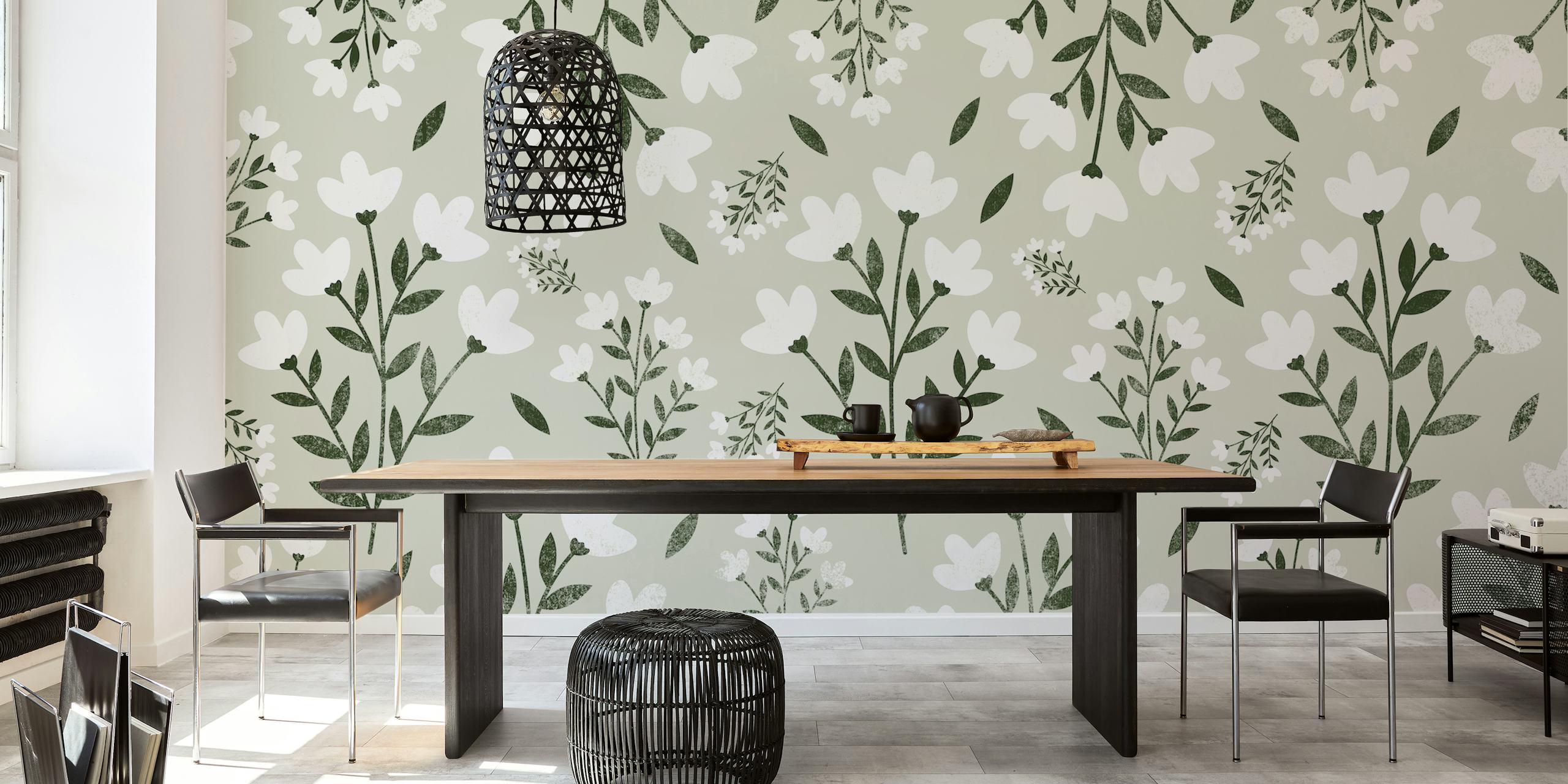 Boho Flower Green Wall Mural With White Flowers And Green Leaves On A Muted Background