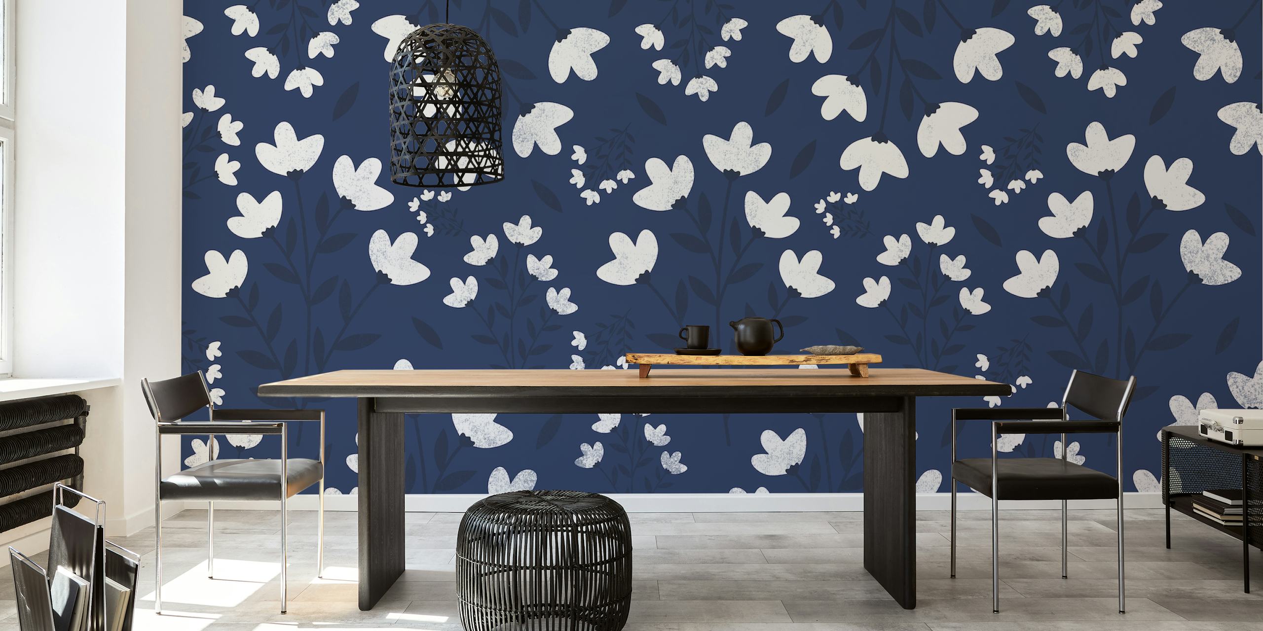 Papier Peint Boho Flower Blue Présenté Dans Une Pièce