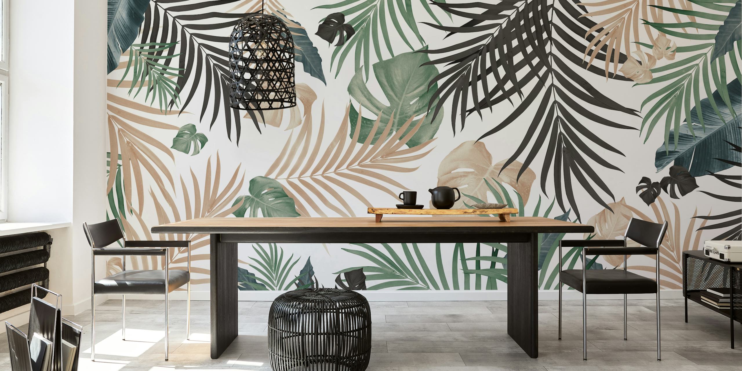 Tropical jungle leaves wallpaper in a room