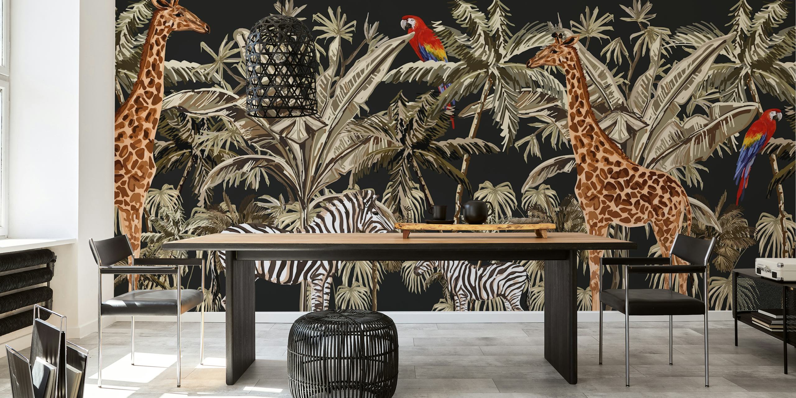 Jungle animals including giraffes and zebras in vibrant colors on black wallpaper