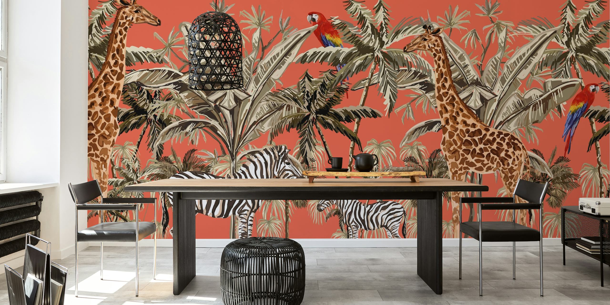 Safari-inspireret vægmaleri med zebraer, giraffer og fugle på en orange baggrund