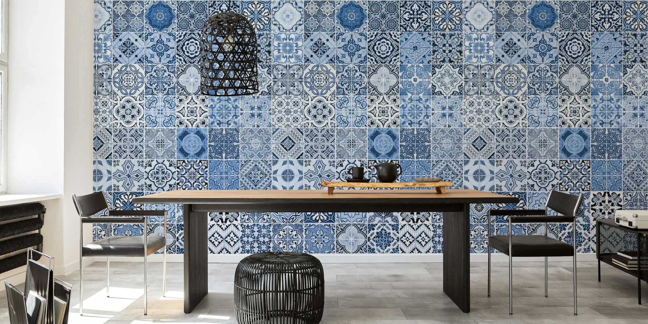 Blue tile pattern wallpaper featuring intricate designs in varying shades of blue and white.
