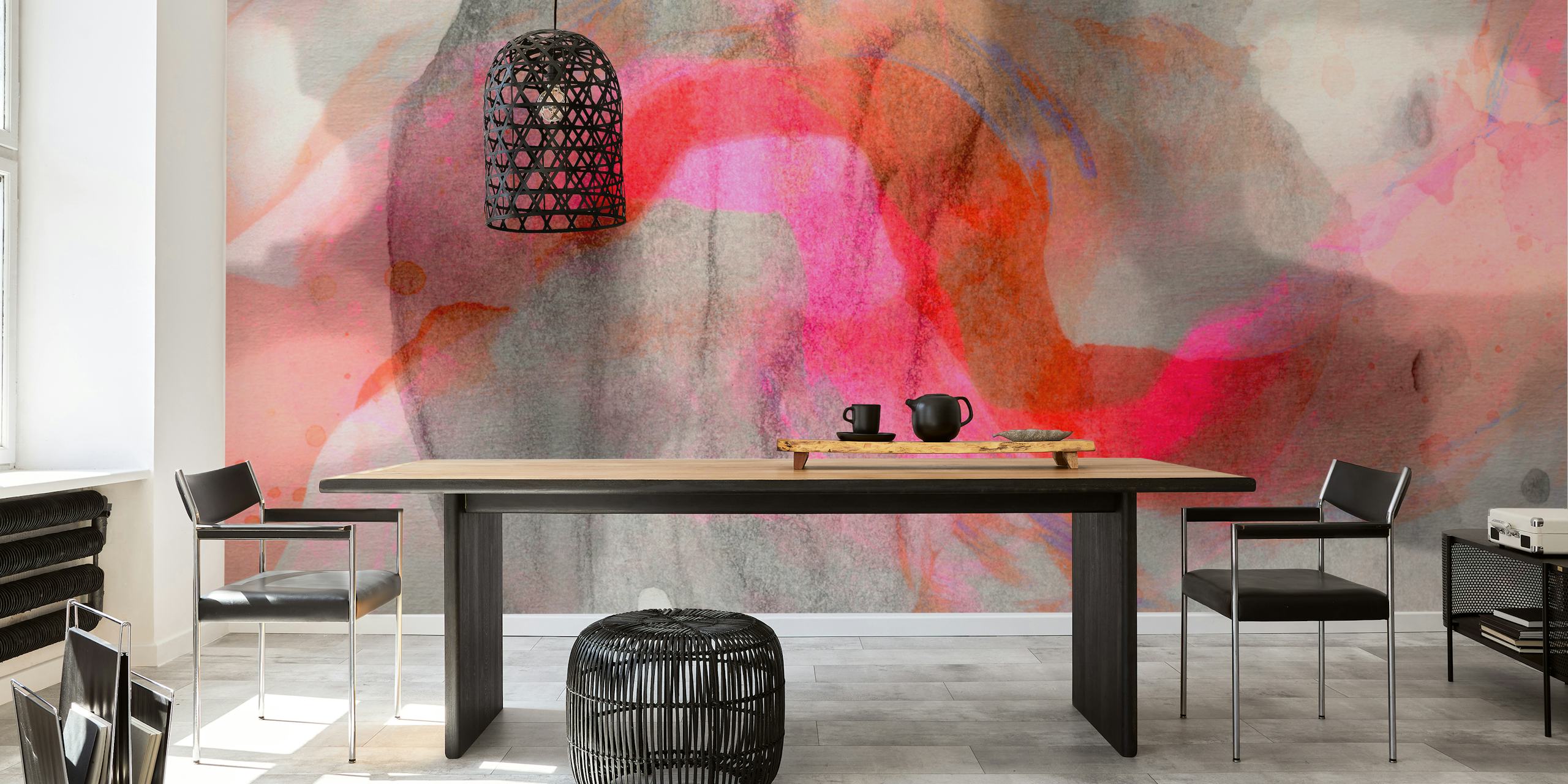 Abstract neon sunrise wall mural with vibrant warm and cool tones