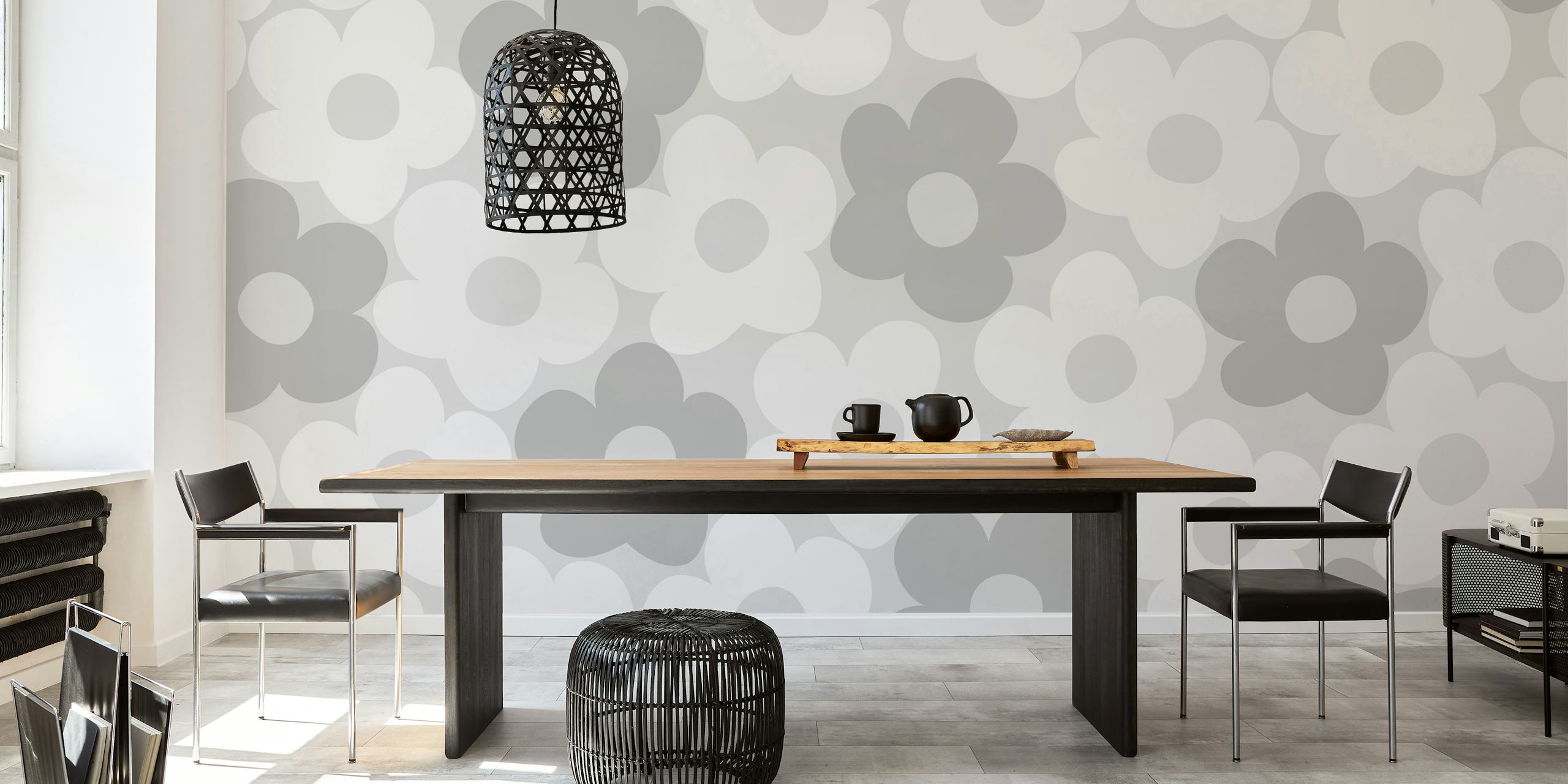 Monochromatyczna fototapeta w stylu retro w stokrotki do klasycznego wnętrza domu