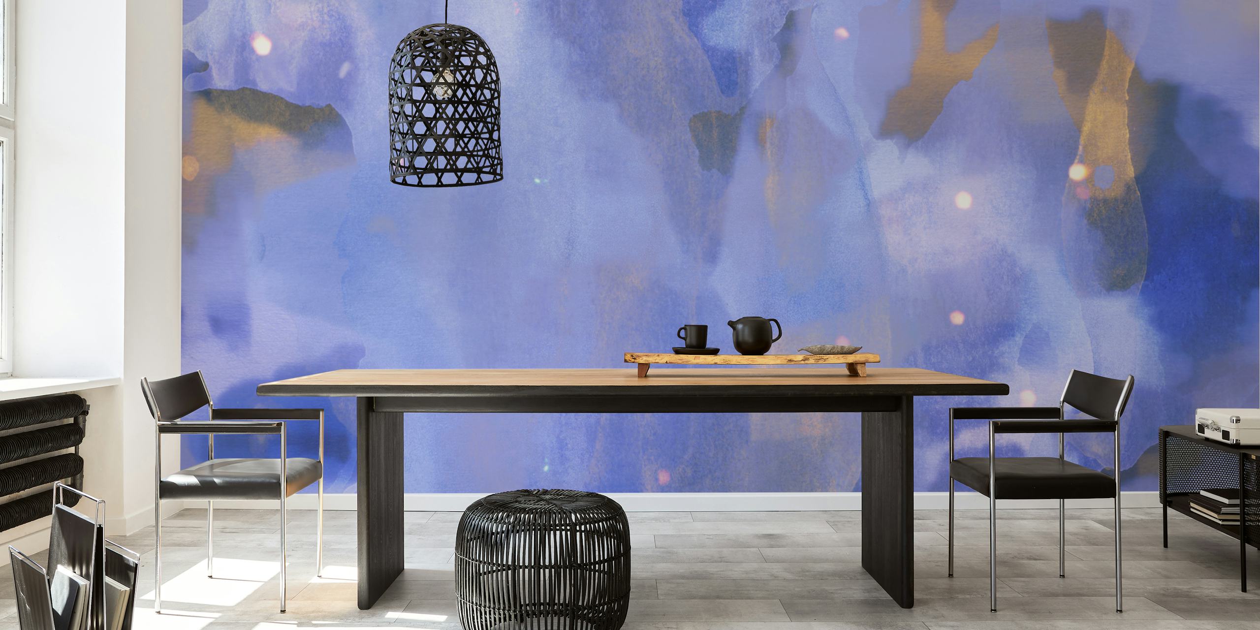 Abstract blue and gold watercolor wallpaper with soft patterns and sparkling details.