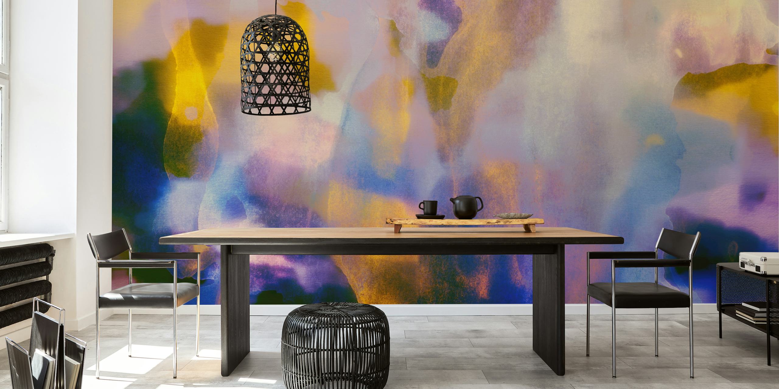 Colorful abstract watercolor designs in blue, yellow, and purple wallpaper