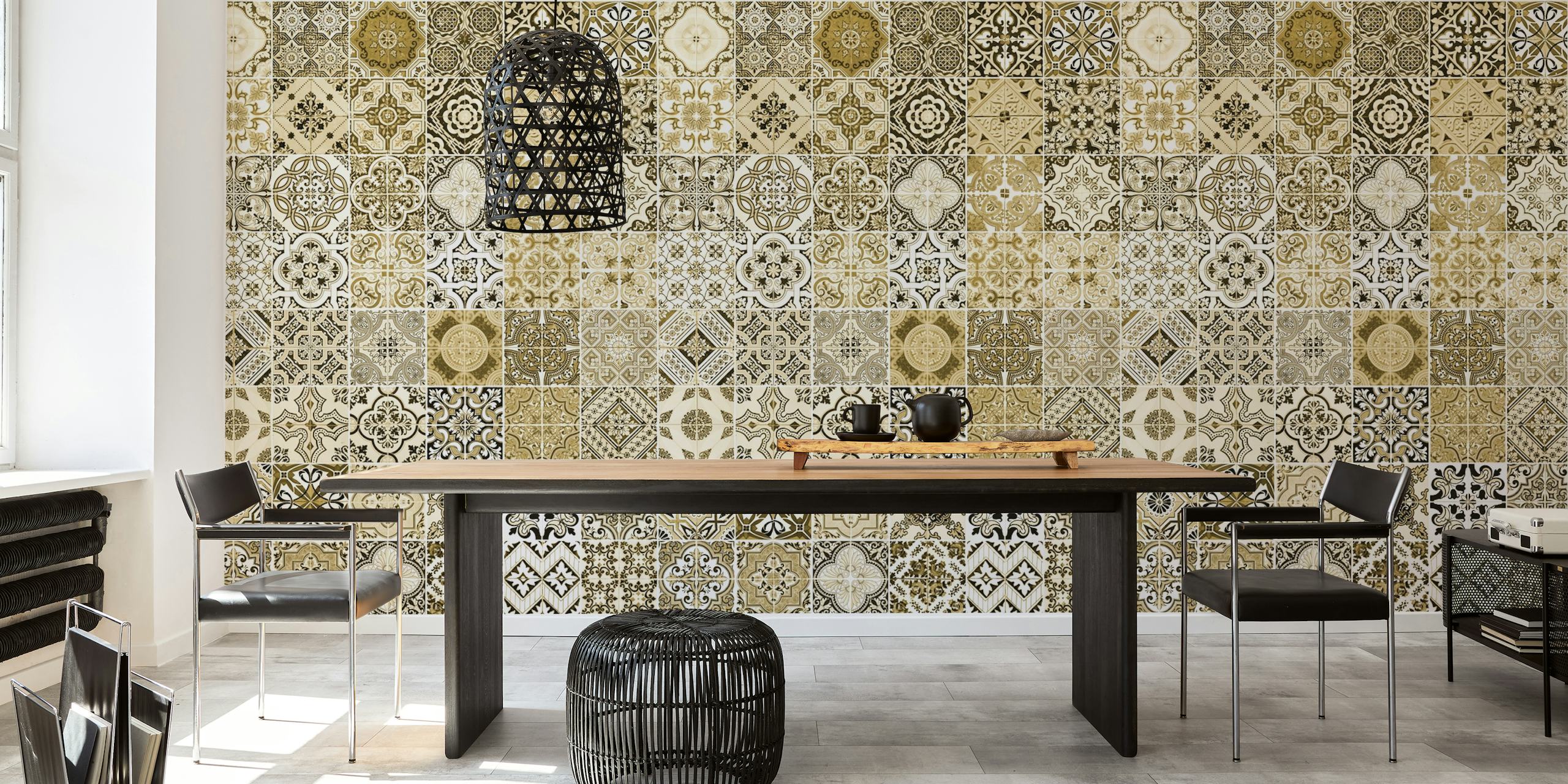 Geometric Moroccan tile pattern in yellow, grey, and cream wallpaper