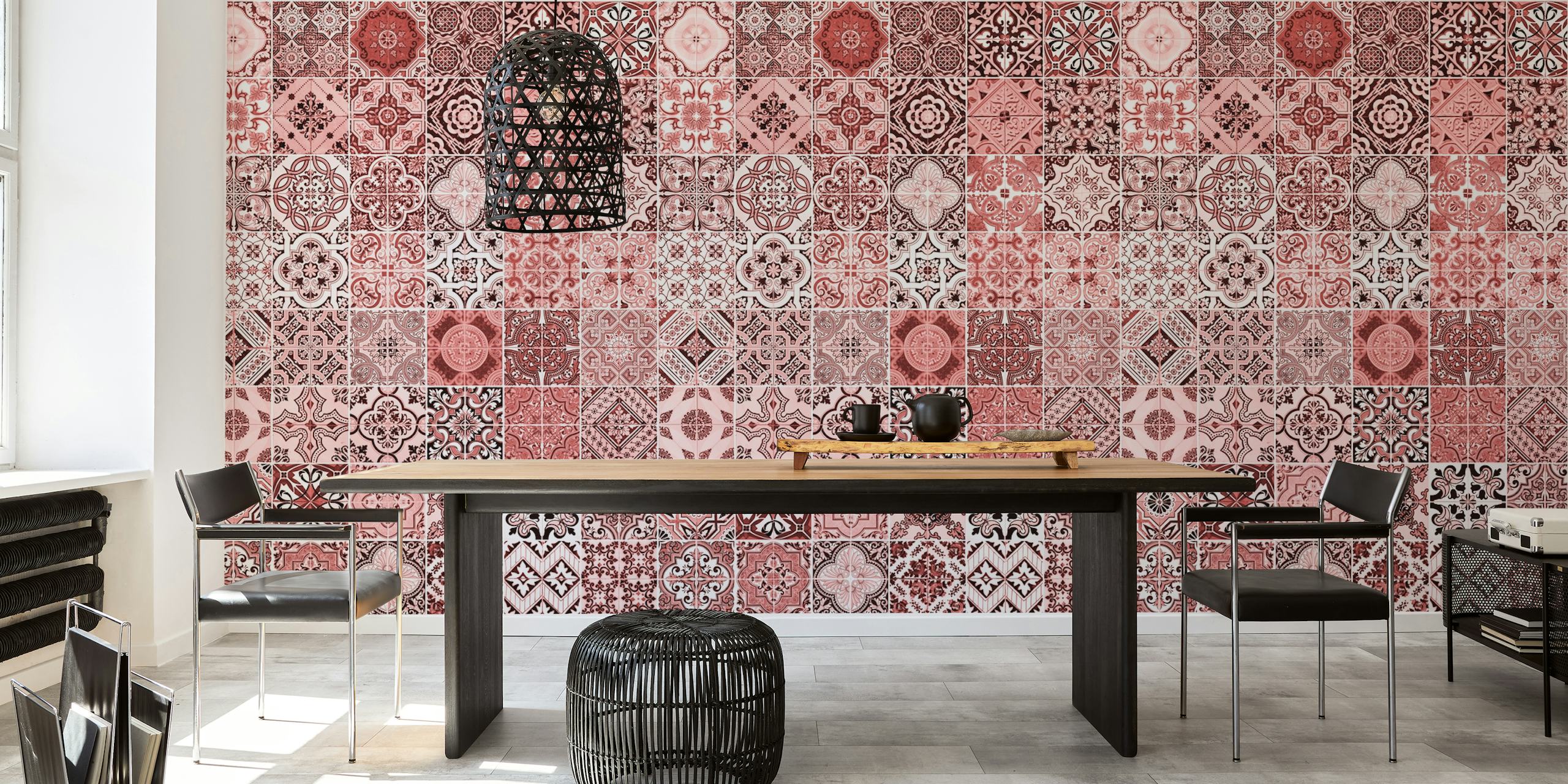 Intricate red and white tile patterns wallpaper