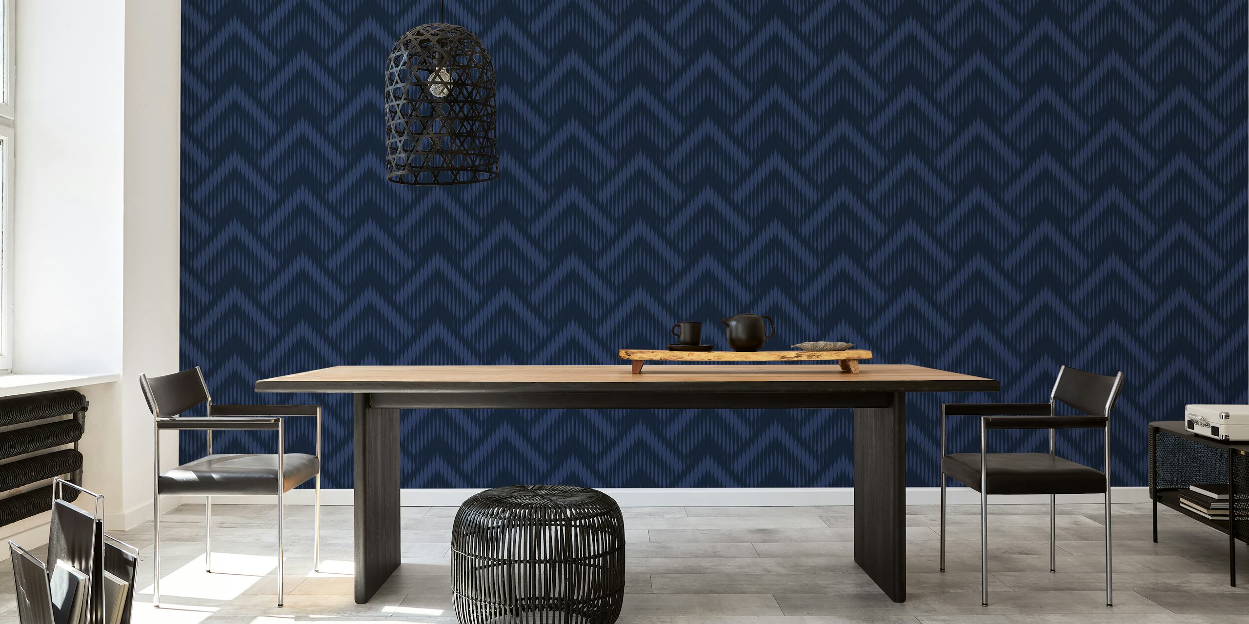 Tapeta Boho Geometrico Blue zobrazená v místnosti