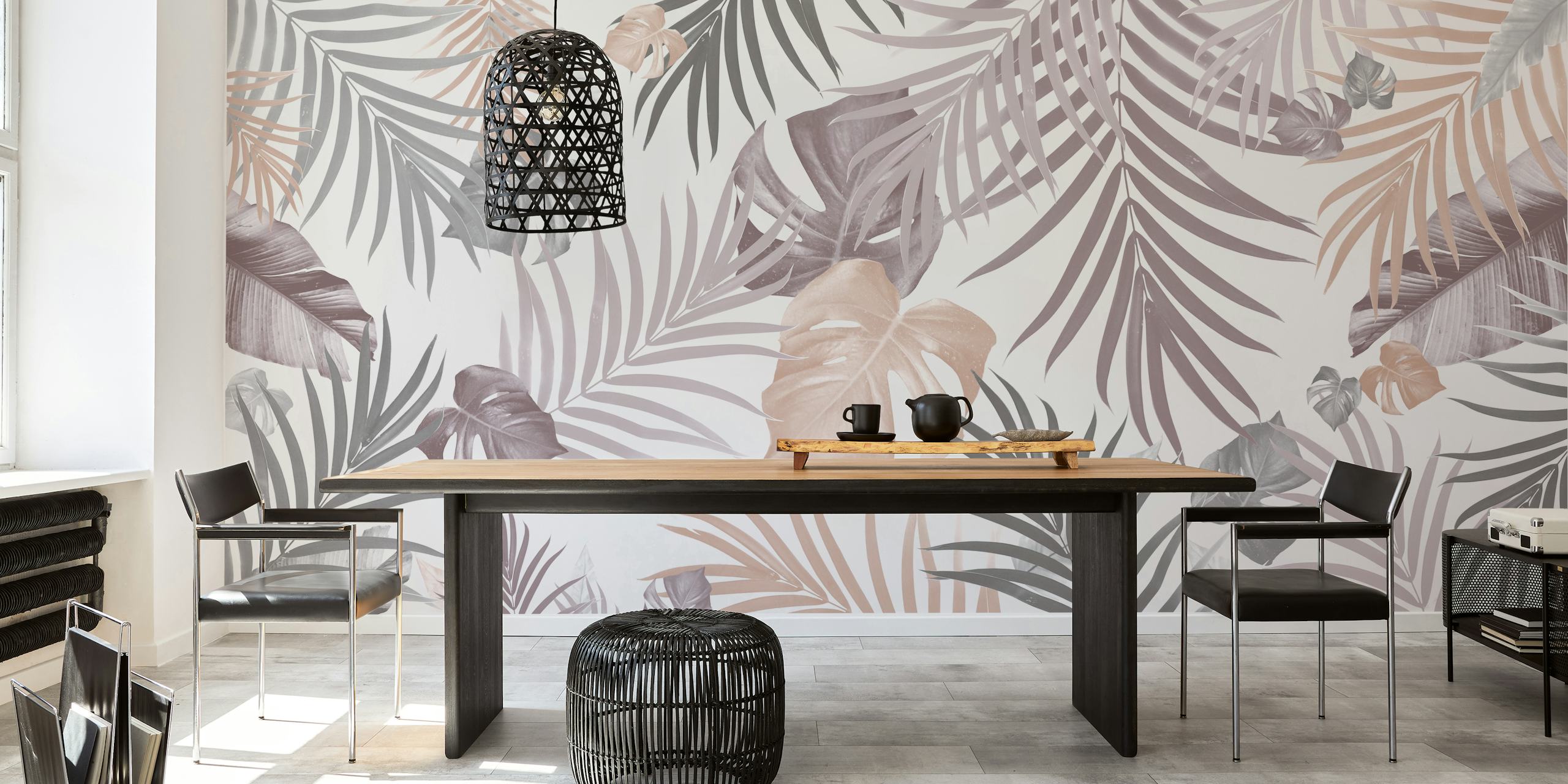 Tropical green and gray leaves on light background wallpaper