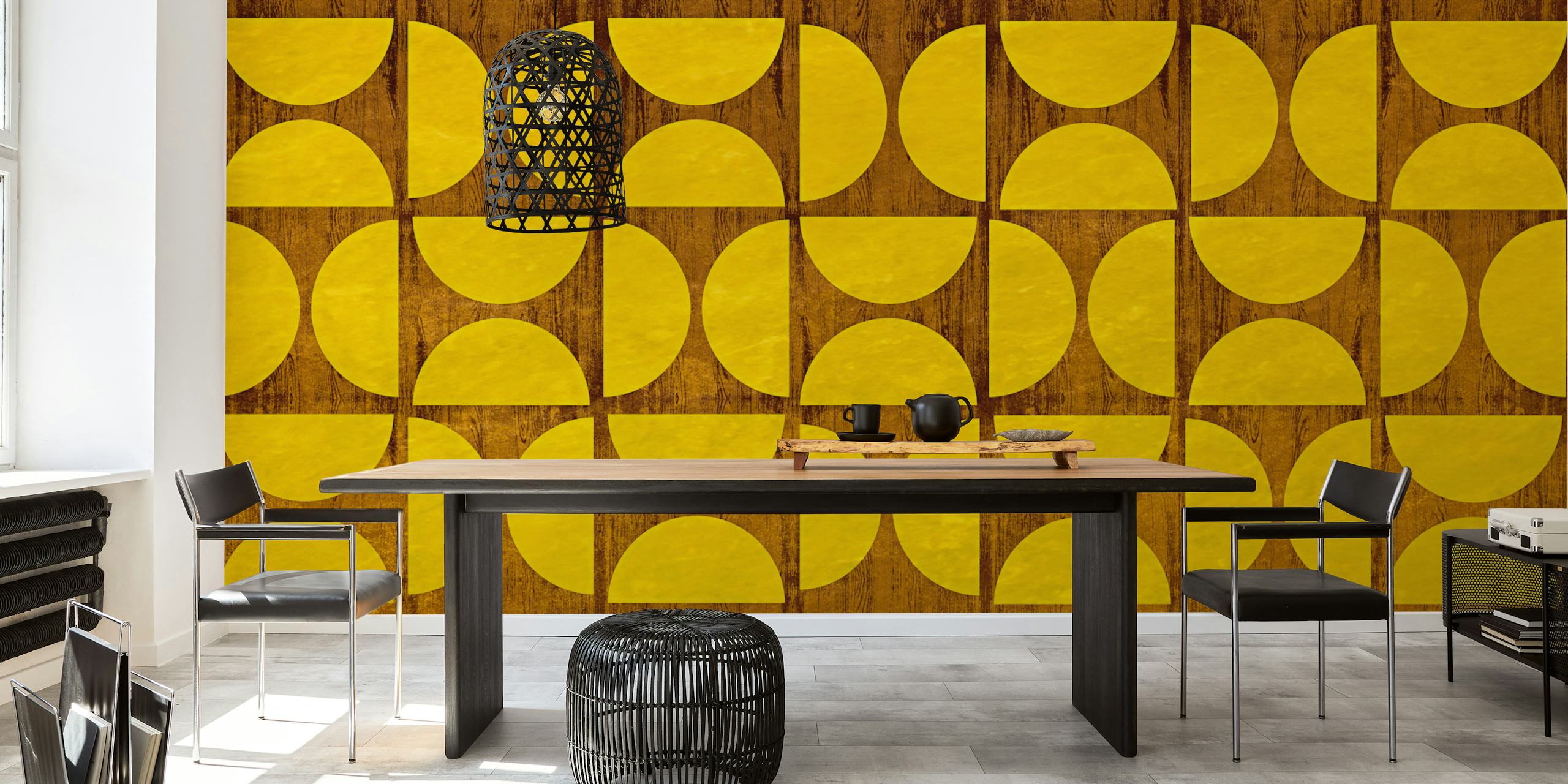 Geometric yellow half-circle pattern on wood-like background wallpaper