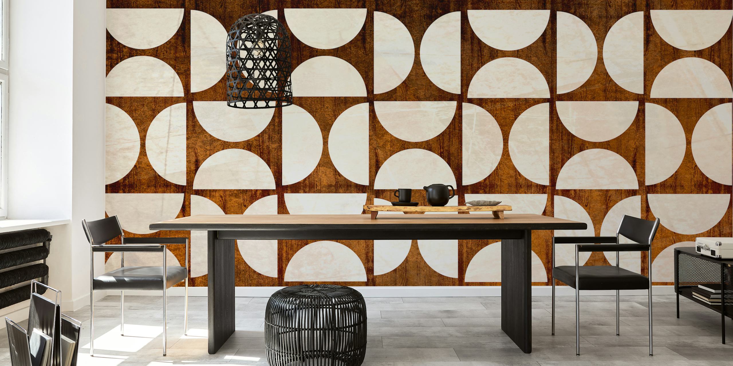 Murale murale avec bois rustique et design géométrique du milieu du siècle
