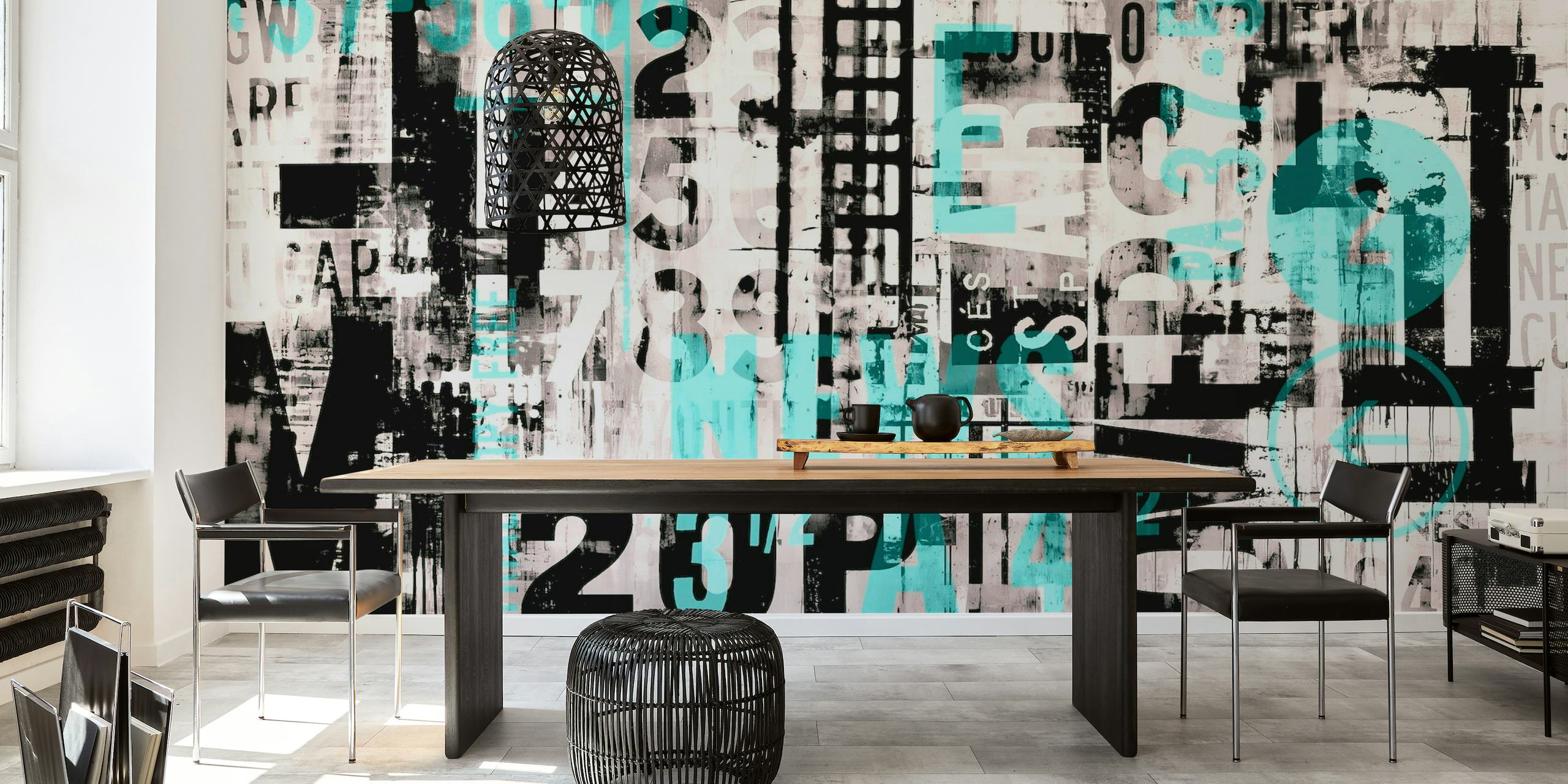 Grunge Typo Street Art Teal Wall Mural with Abstract Elements