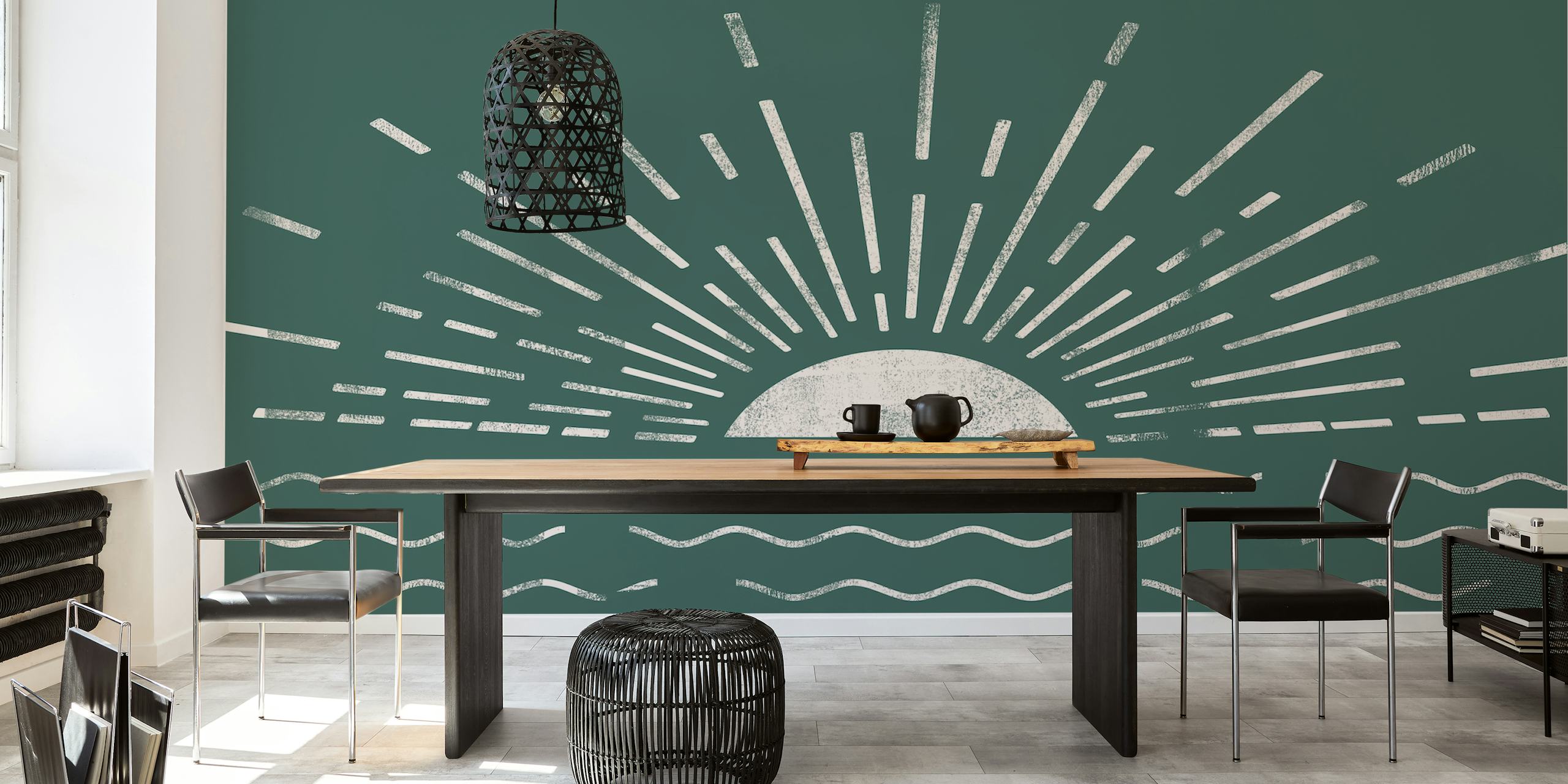 Sunburst design with waves in green and white vintage wallpaper