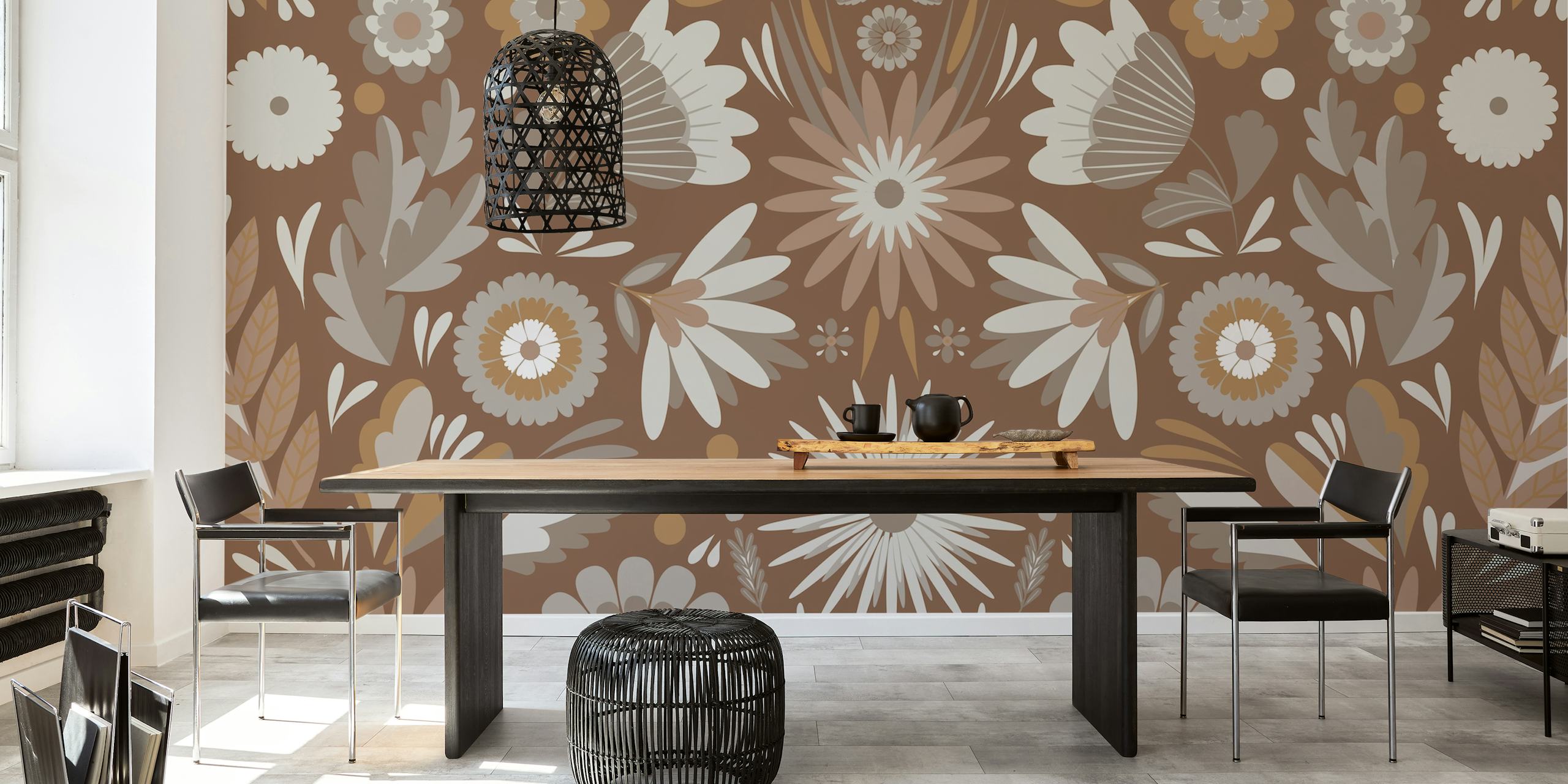 Brown floral pattern with various flowers and leaves wallpaper