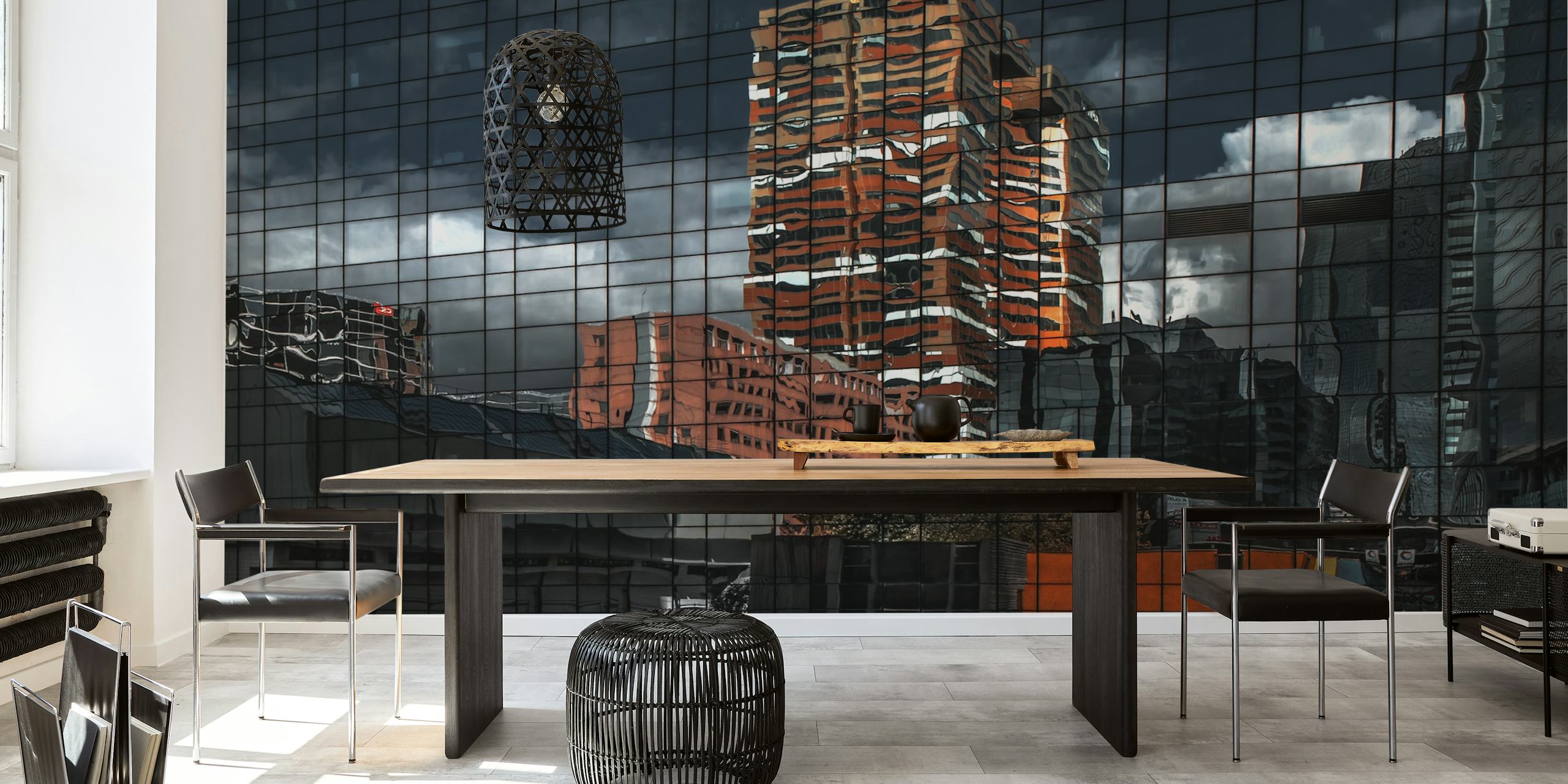Abstract puzzle-like cityscape wall mural with reflection effect