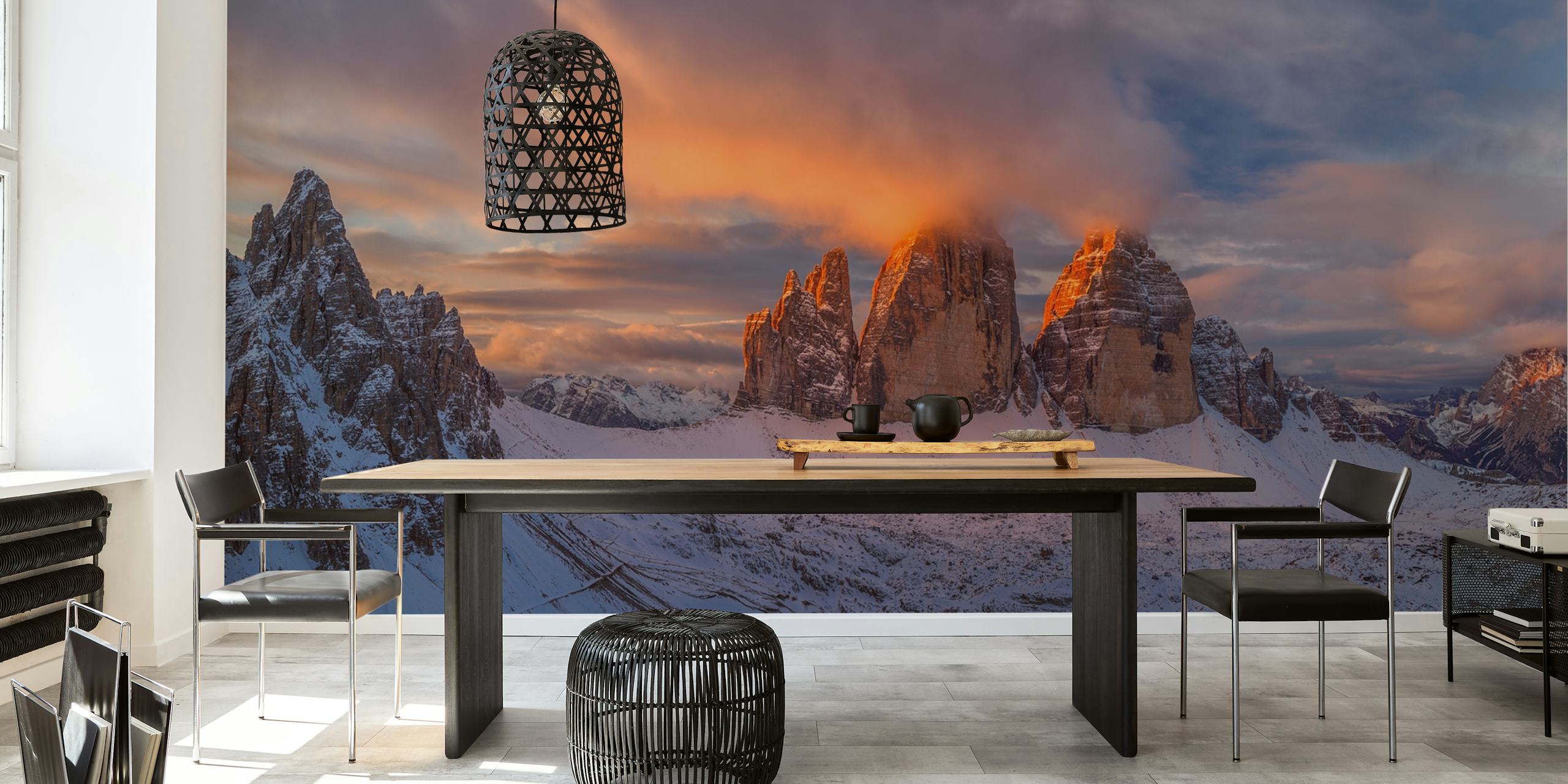 Mountain landscape with sunset hues and snowy peaks wallpaper