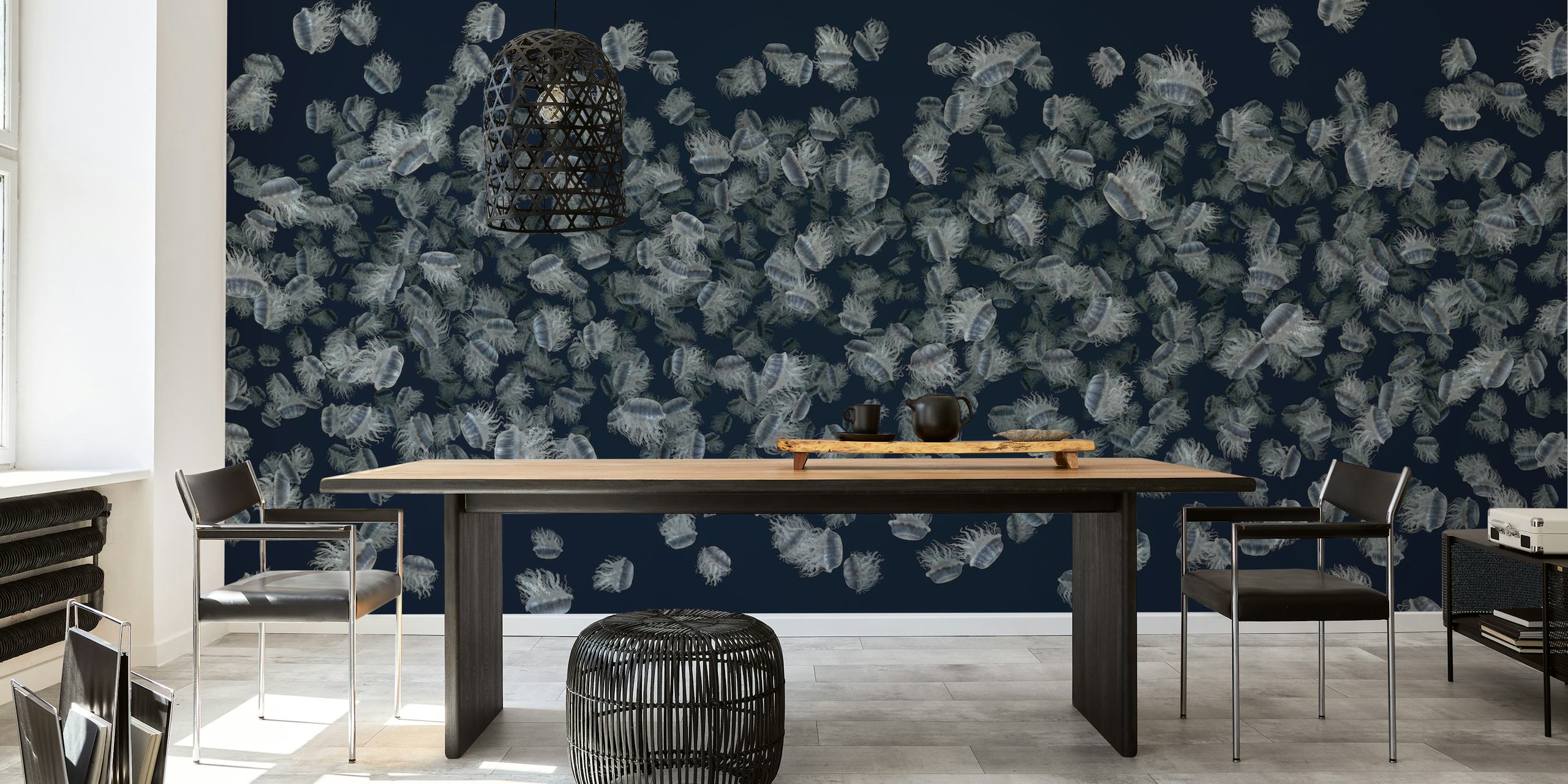 Dancing jellyfish wallpaper in a modern room