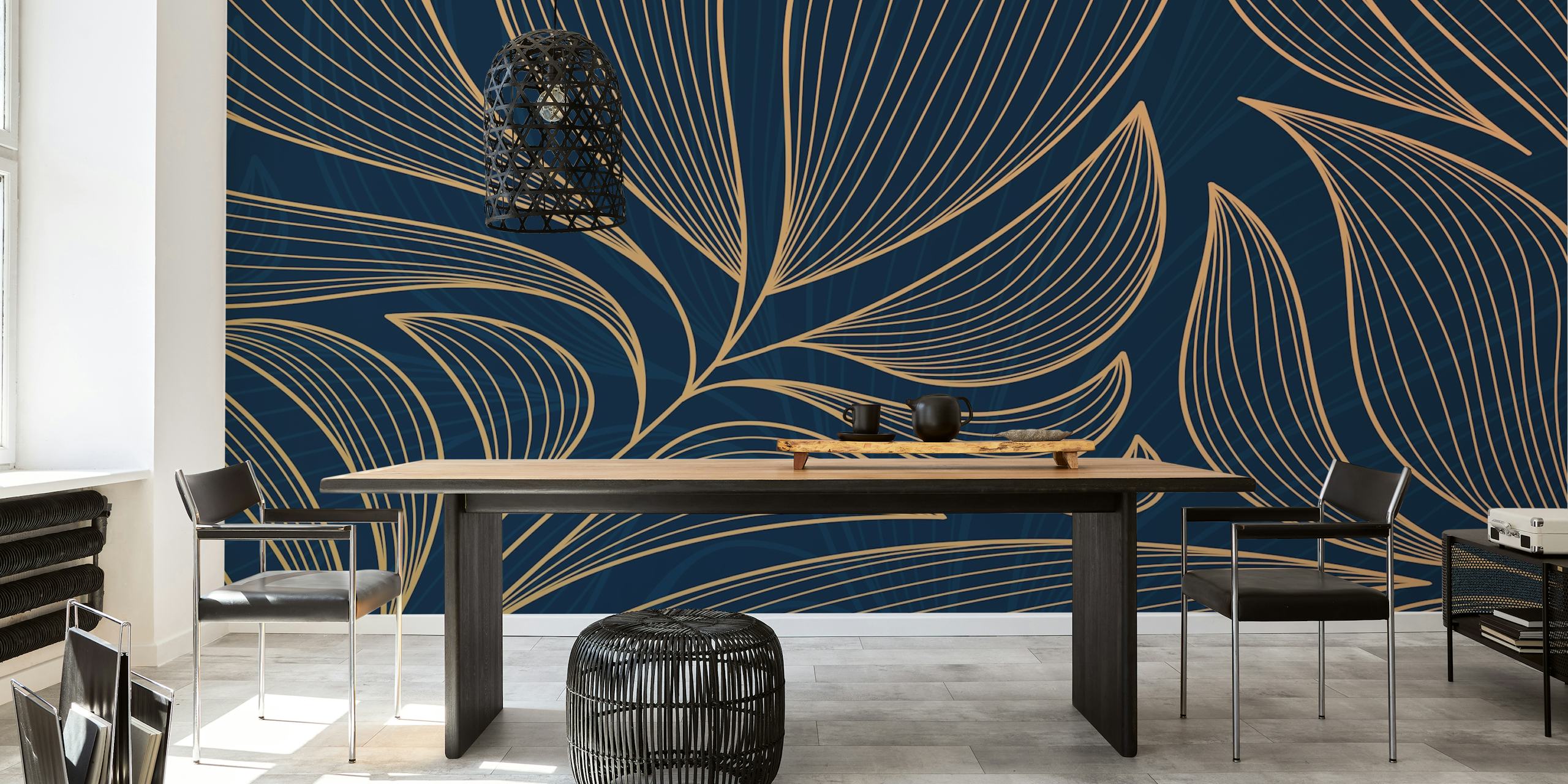 Gold Leaf Blue ταπετσαρία σε ένα σύγχρονο δωμάτιο