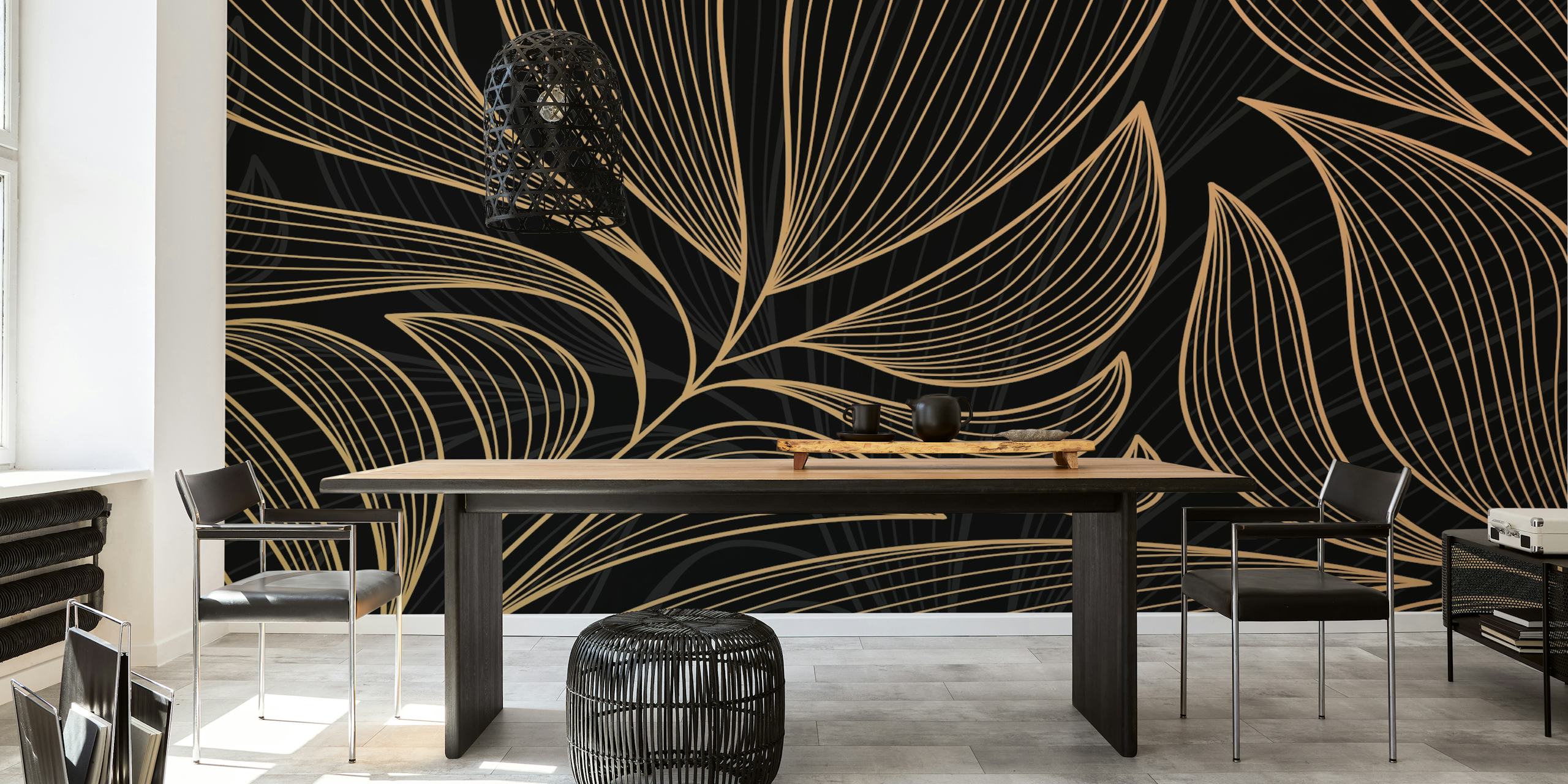 Gold floral pattern against a black background wallpaper