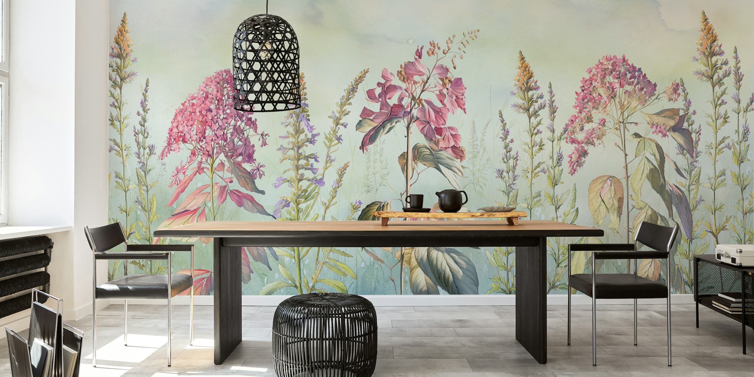 Wild flowers meadows blue wallpaper in a room