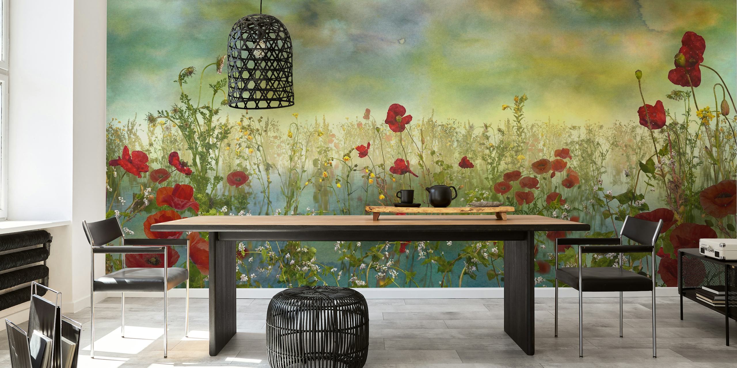 Red poppy flowers in a green field watercolor wallpaper