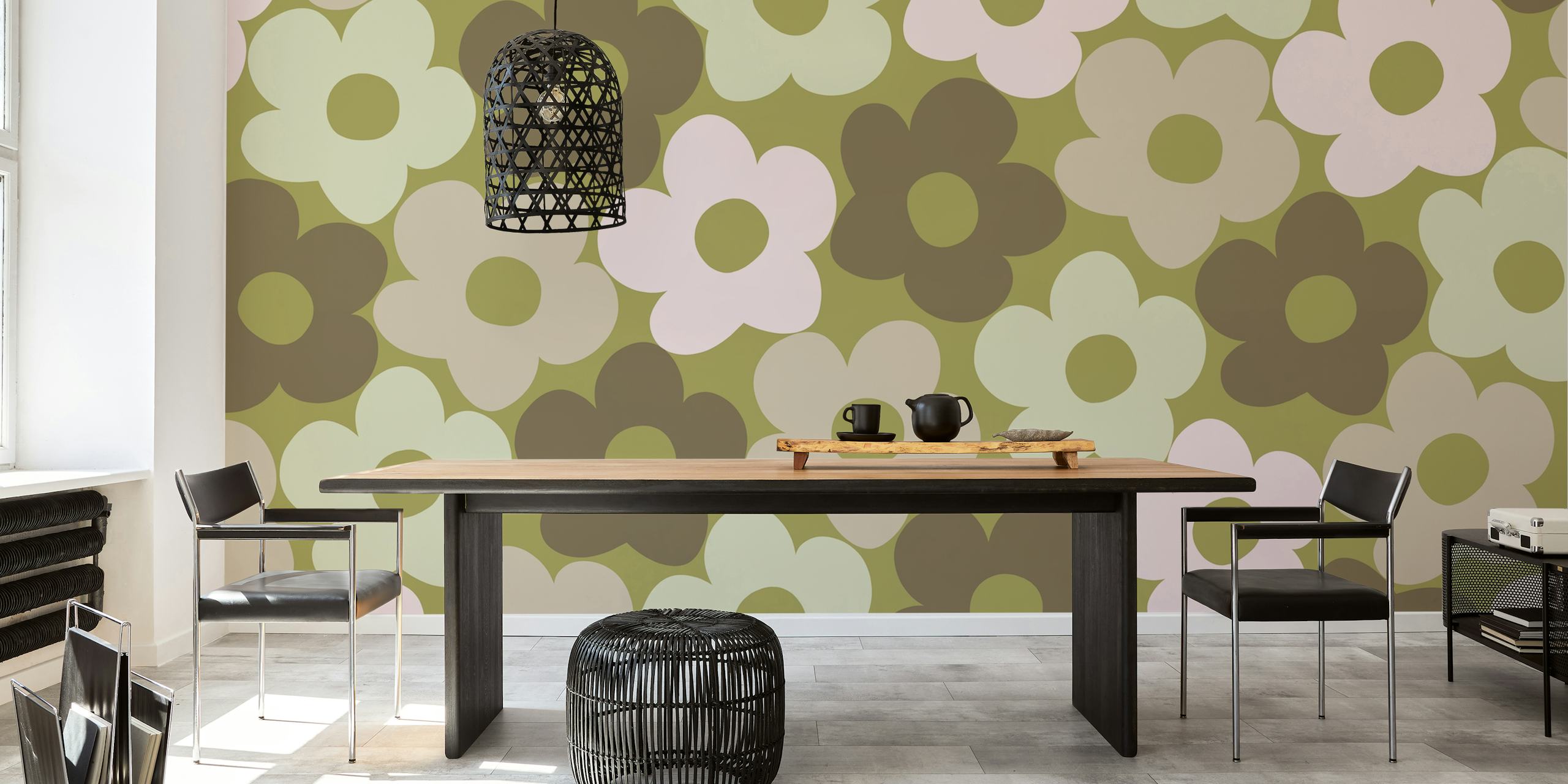 Carta da parati retrò Fall Daisies con fiori verde terra e crema