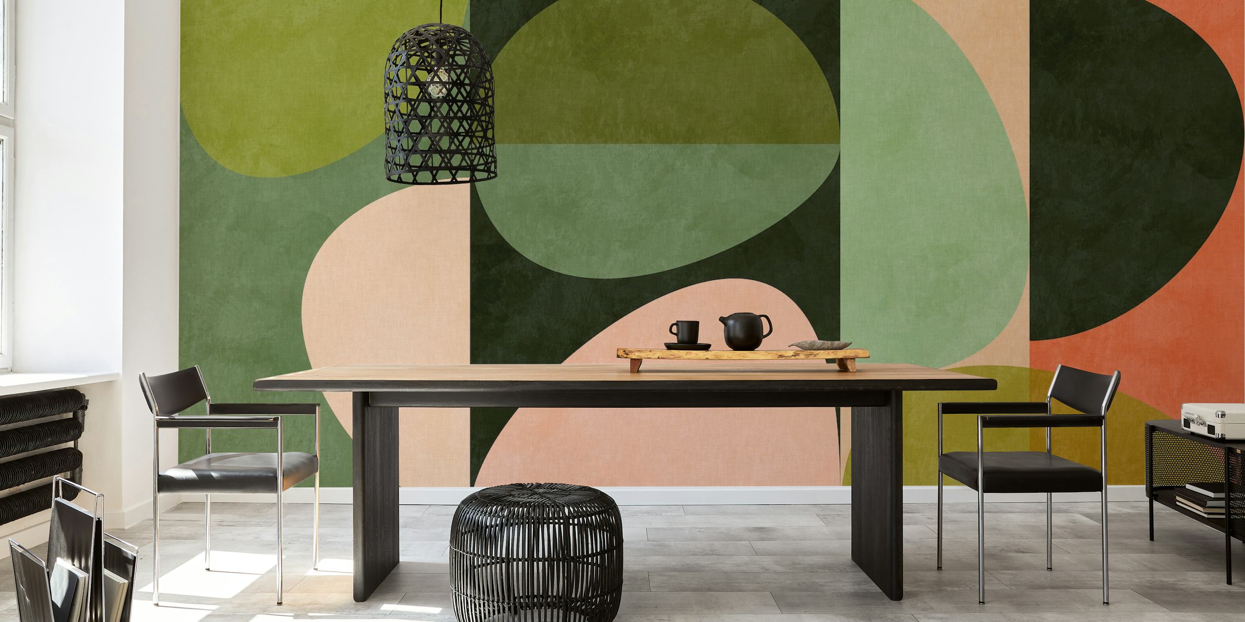 Sage green geometric abstract wallpaper in a room