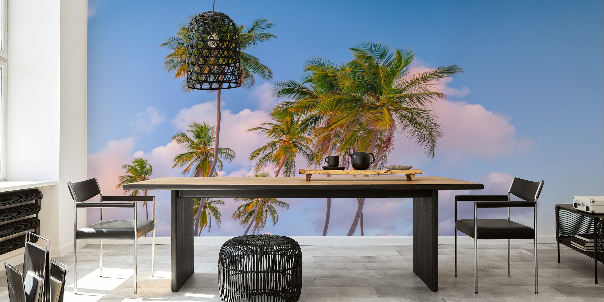 Tropical palm trees against a pastel sky. Relaxing wallpaper