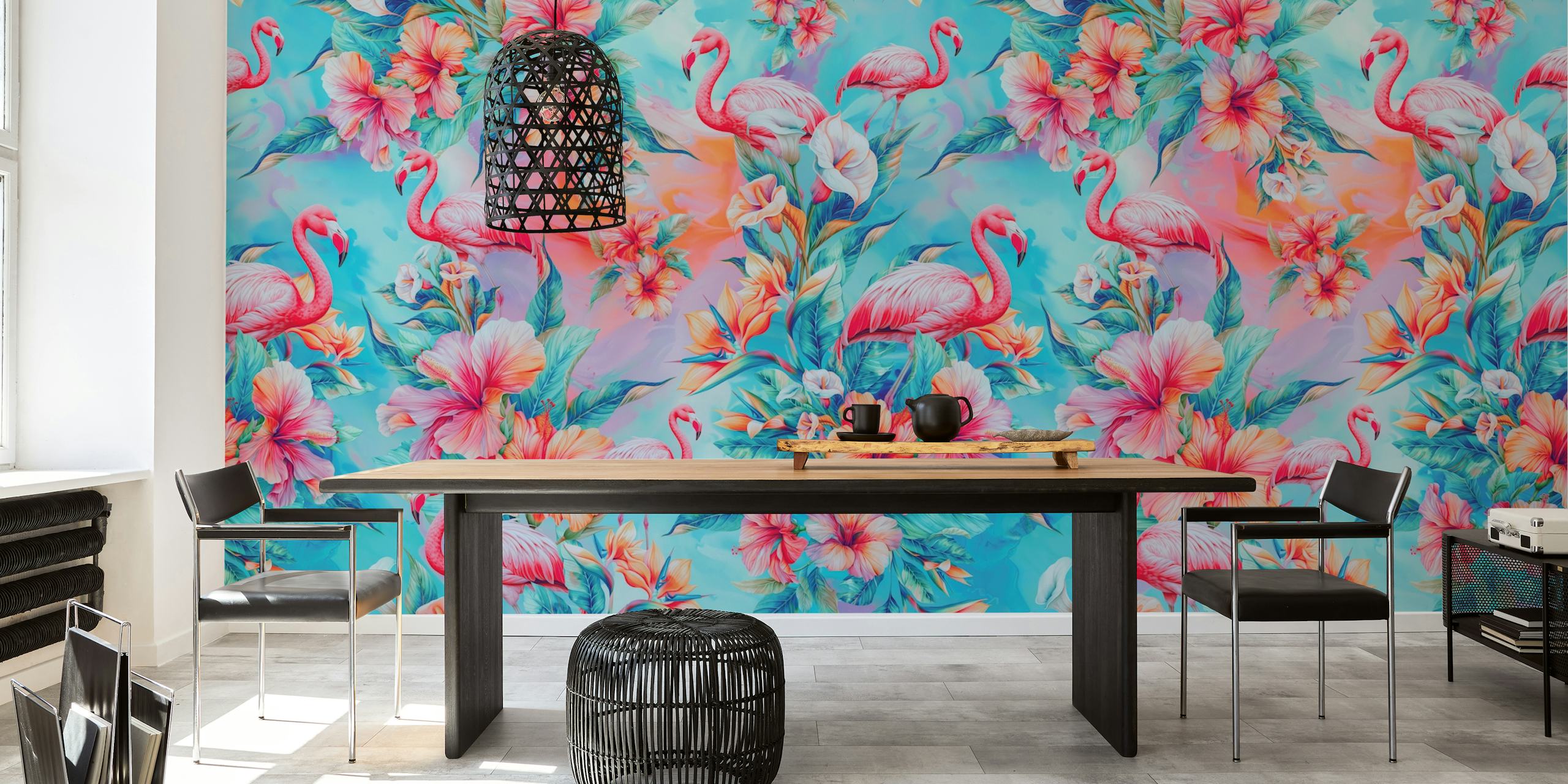 Floral Flamingo Haven tapetti huoneessa