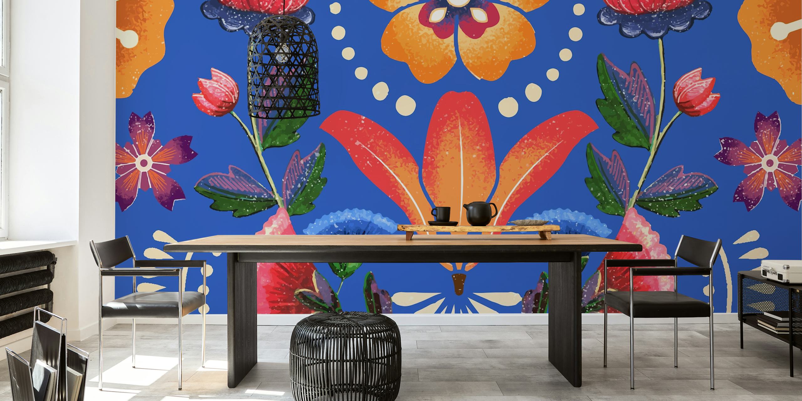Colorful floral pattern with blue background wallpaper