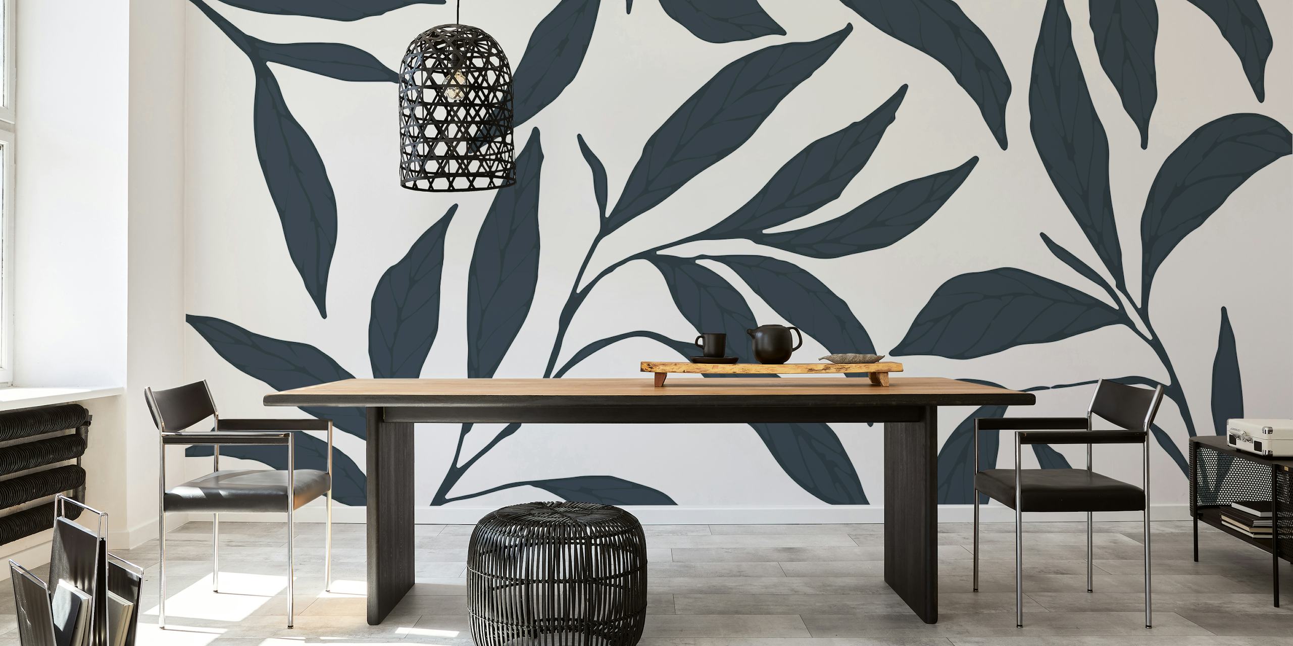 Dark blue foliage leaves pattern wallpaper