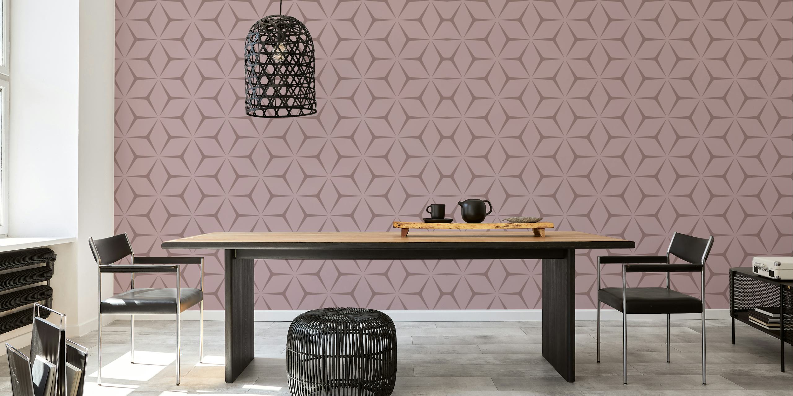 Pink geometric pattern wallpaper in mid century style