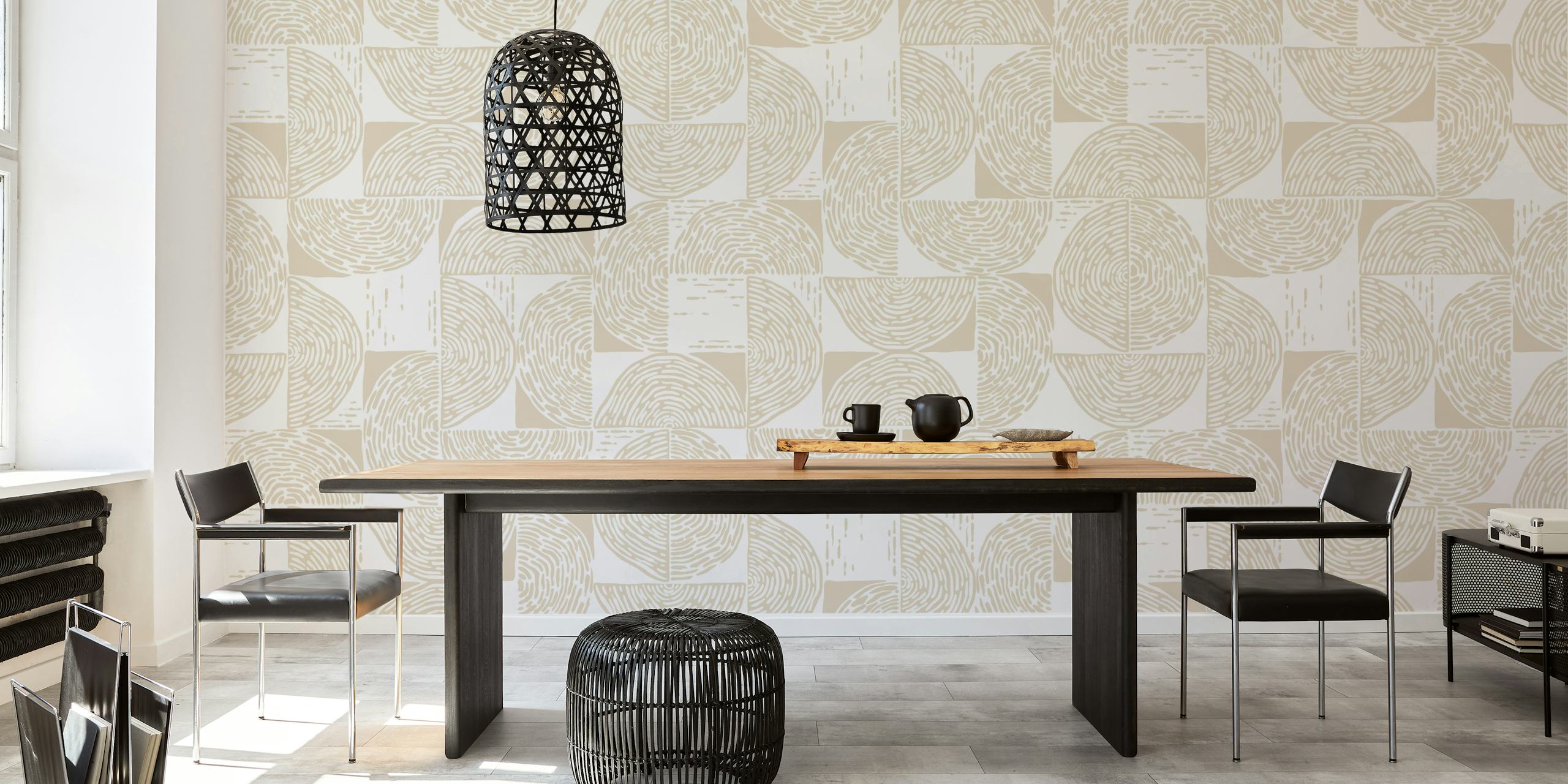 Papel pintado Cream white wood block print en una habitación