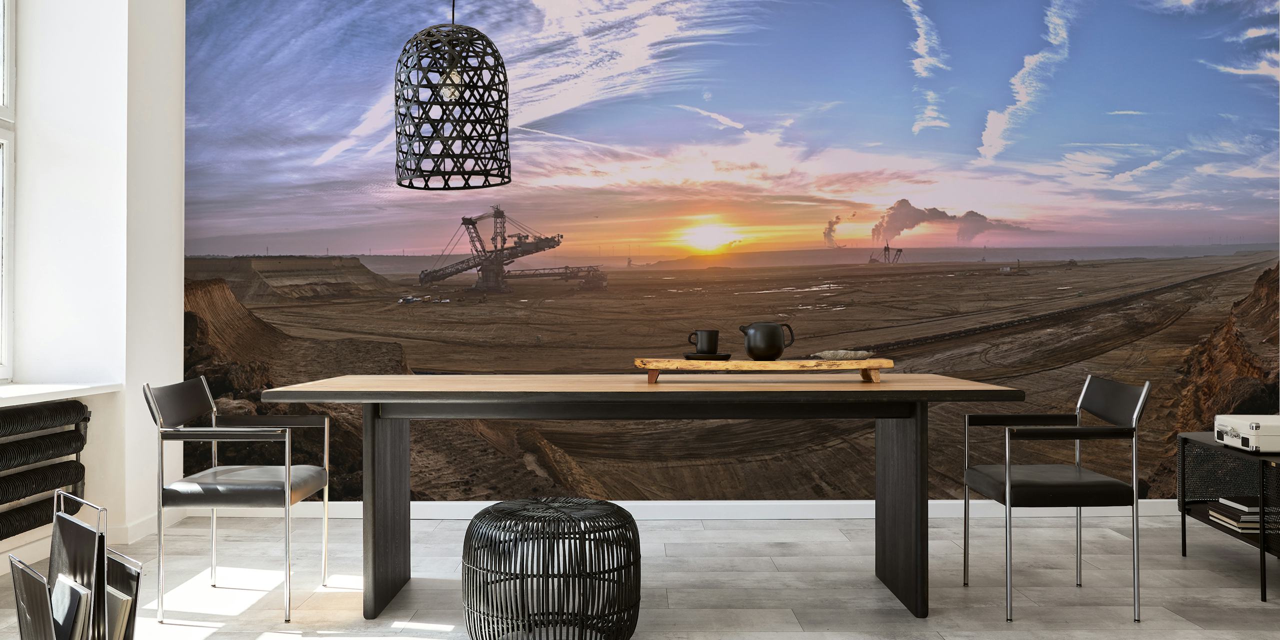 Industrial landscape with sunset and machinery wallpaper