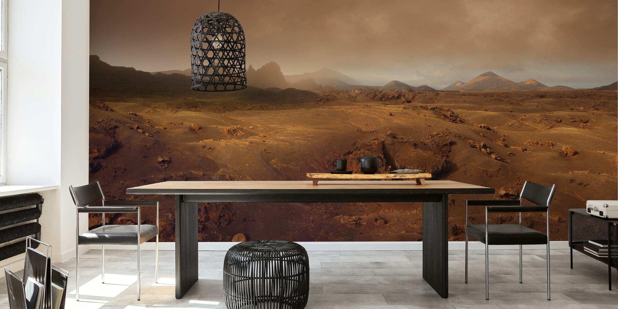 Volcanic landscape wall mural with morning fog