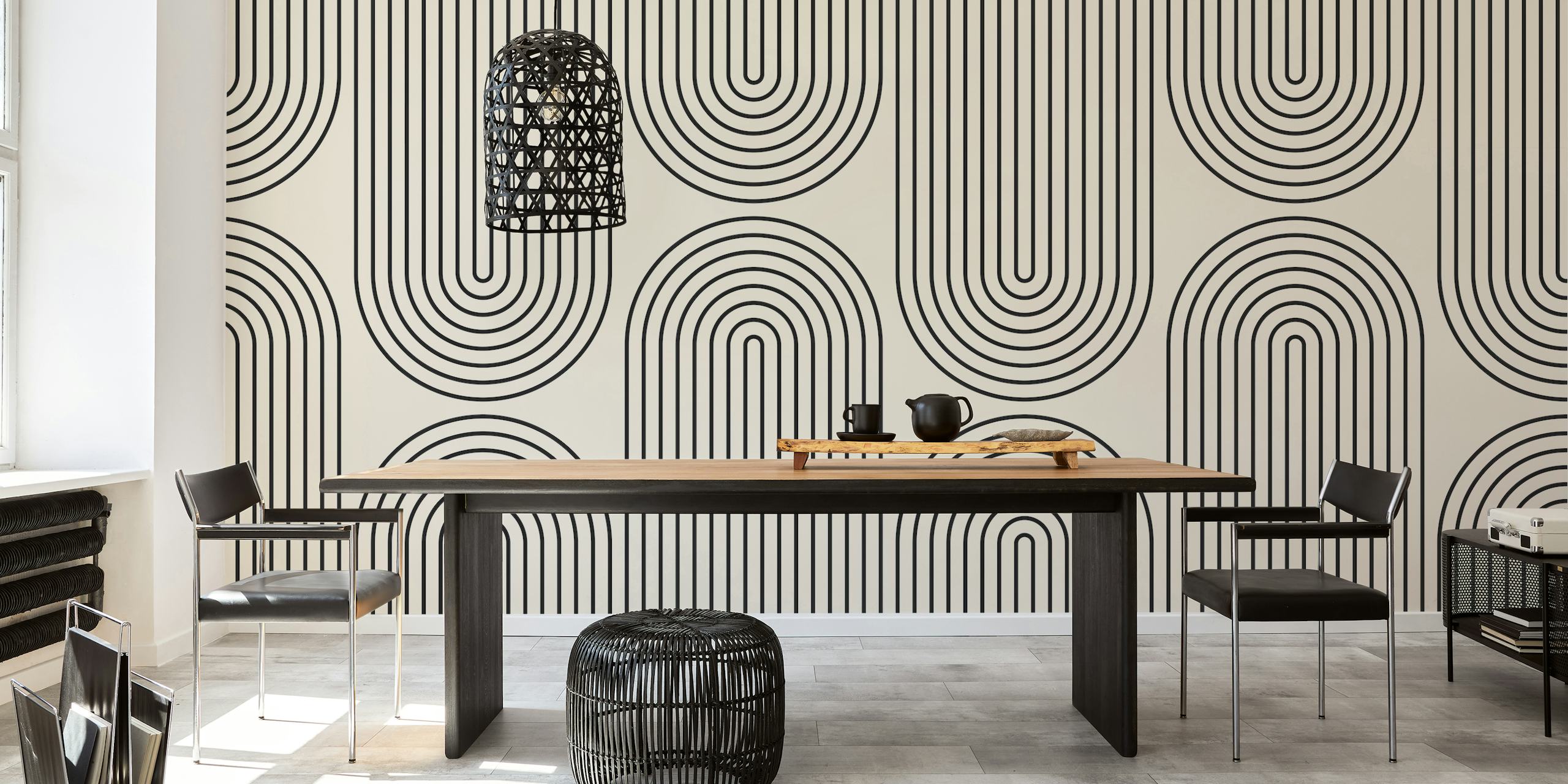 Geometric lines and circles in black and white wallpaper