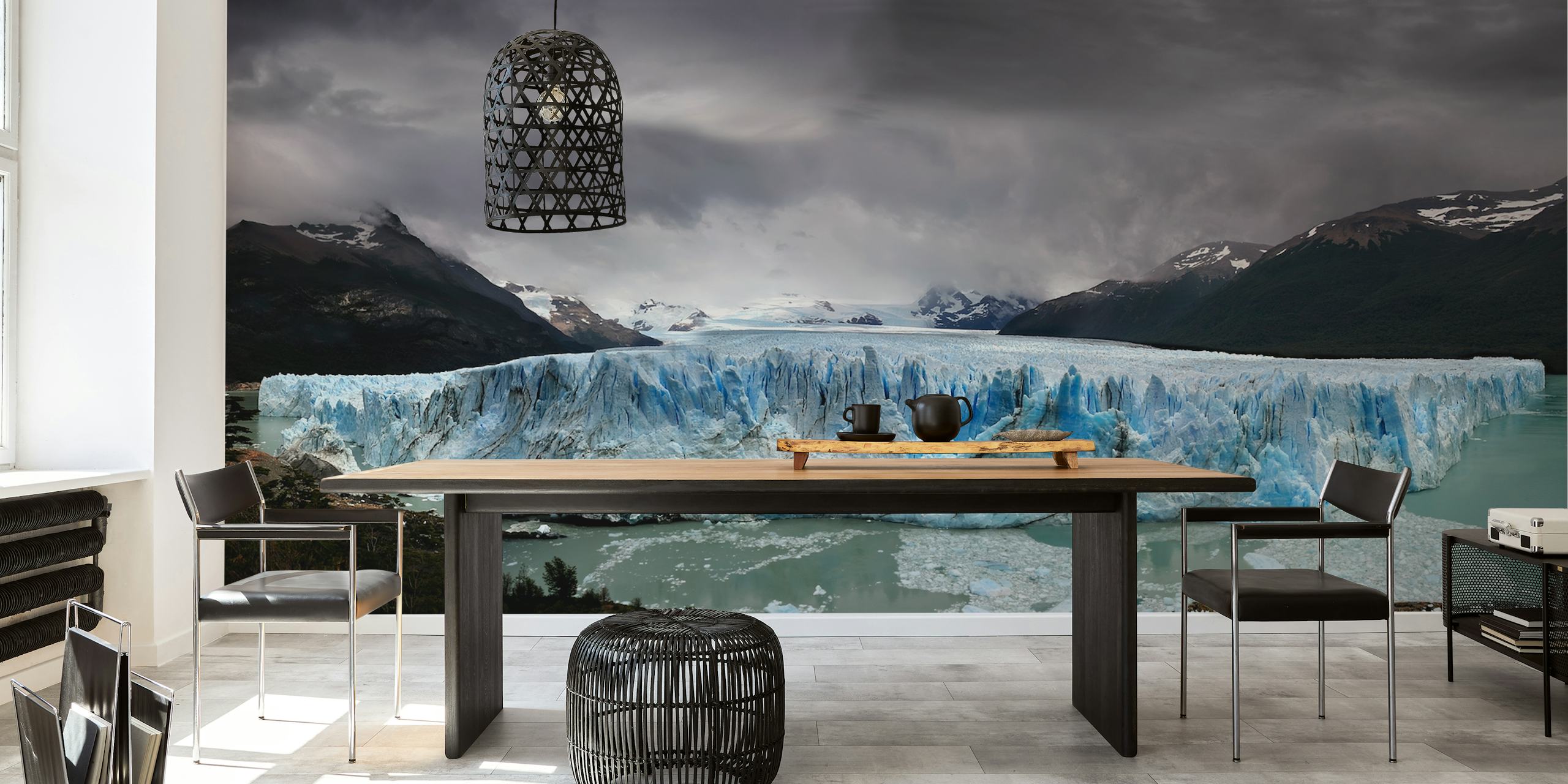 Glacier landscape with blue ice and dark mountains wallpaper