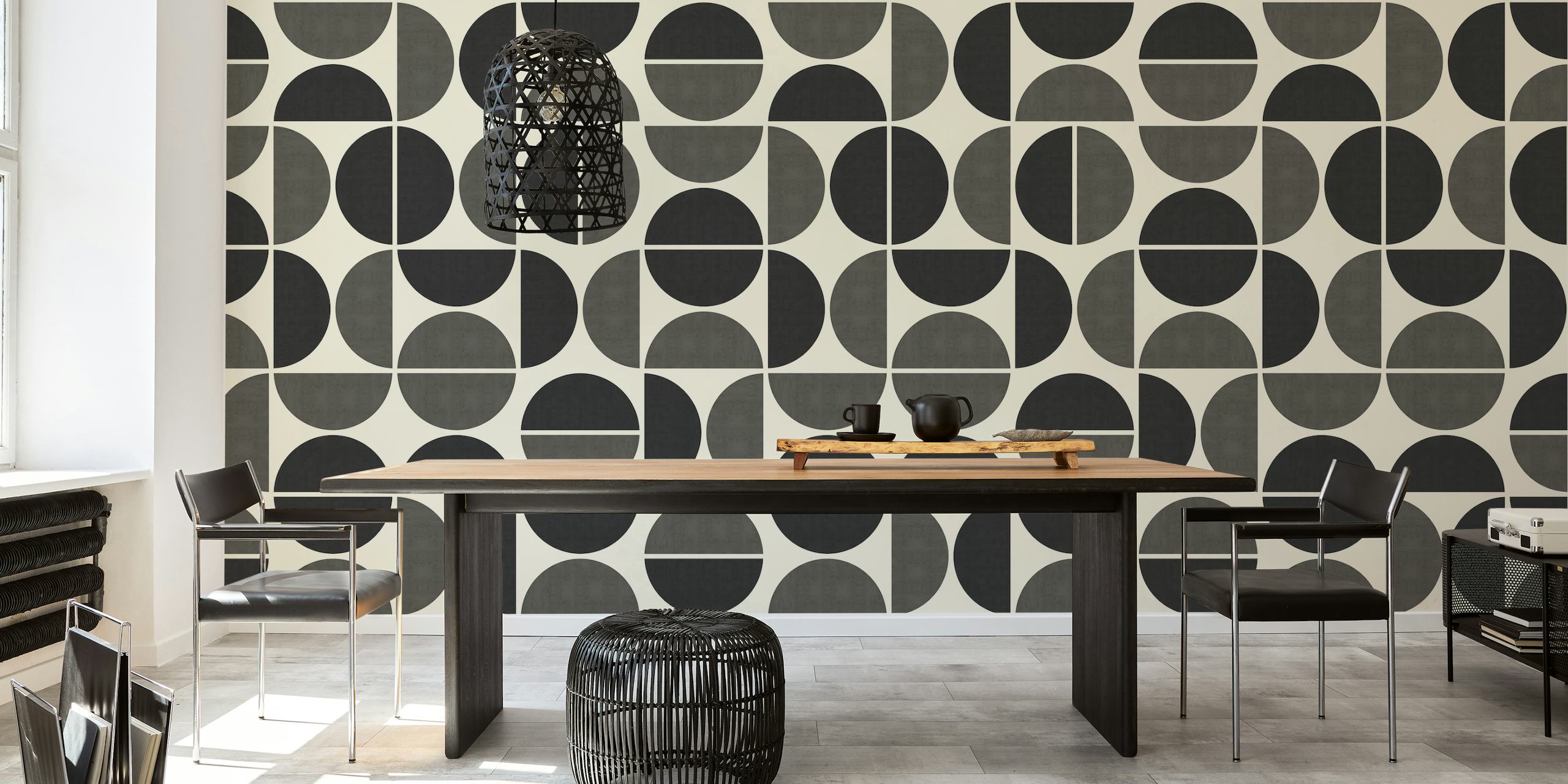 Black and white modern geometric circle pattern wallpaper